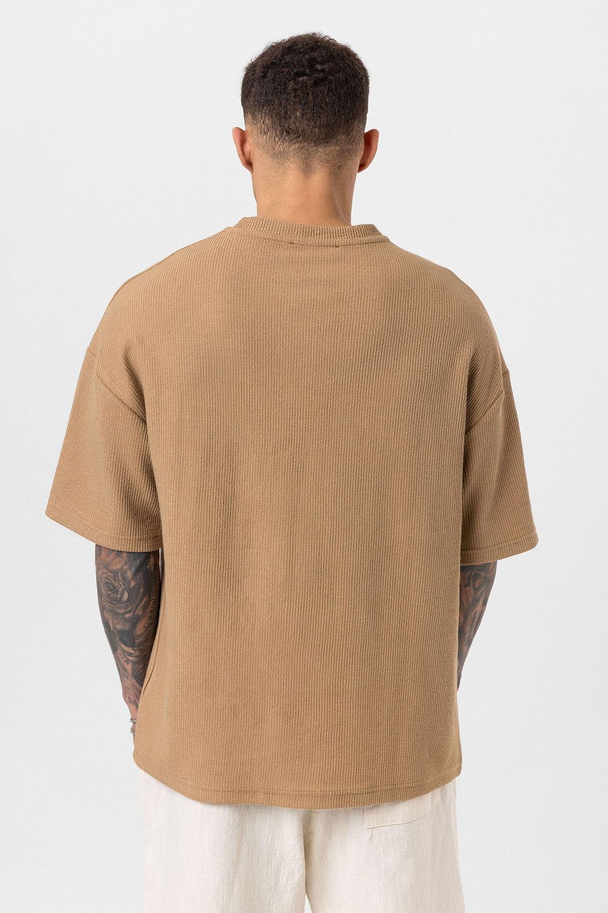 Düğmeli Yaka Oversize Tişört Vizon