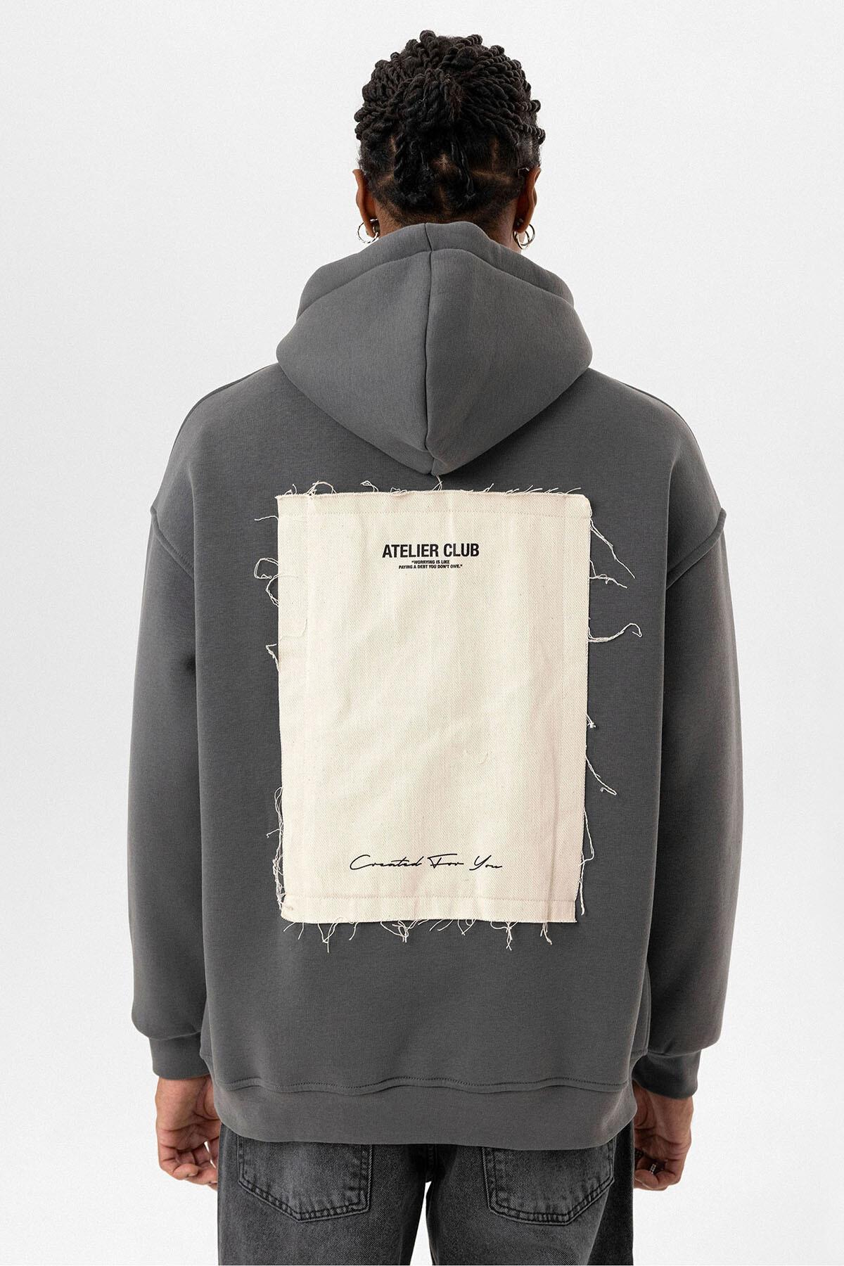 Etiket Detaylı Oversize Kapüşonlu Sweatshirt Füme