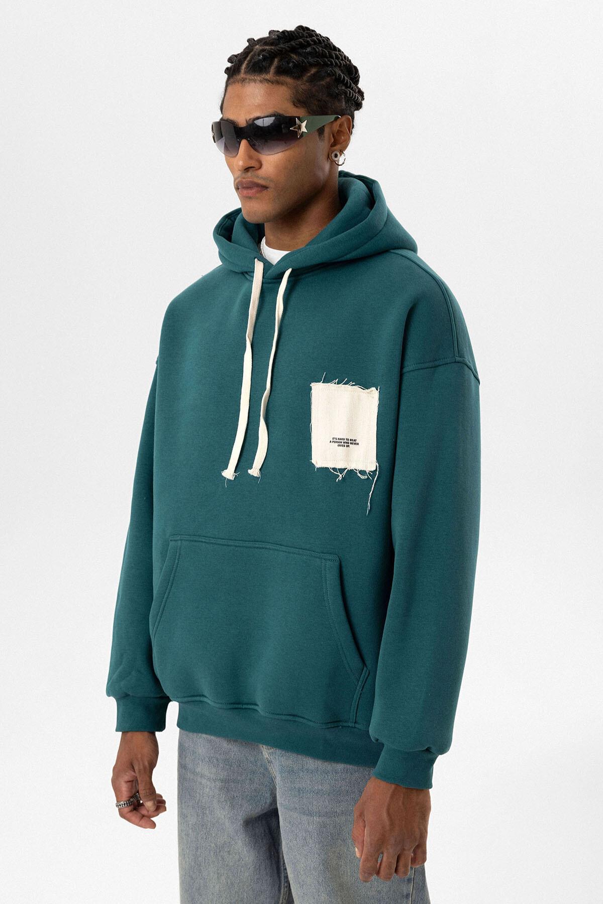 Etiket Detaylı Oversize Kapüşonlu Sweatshirt Petrol