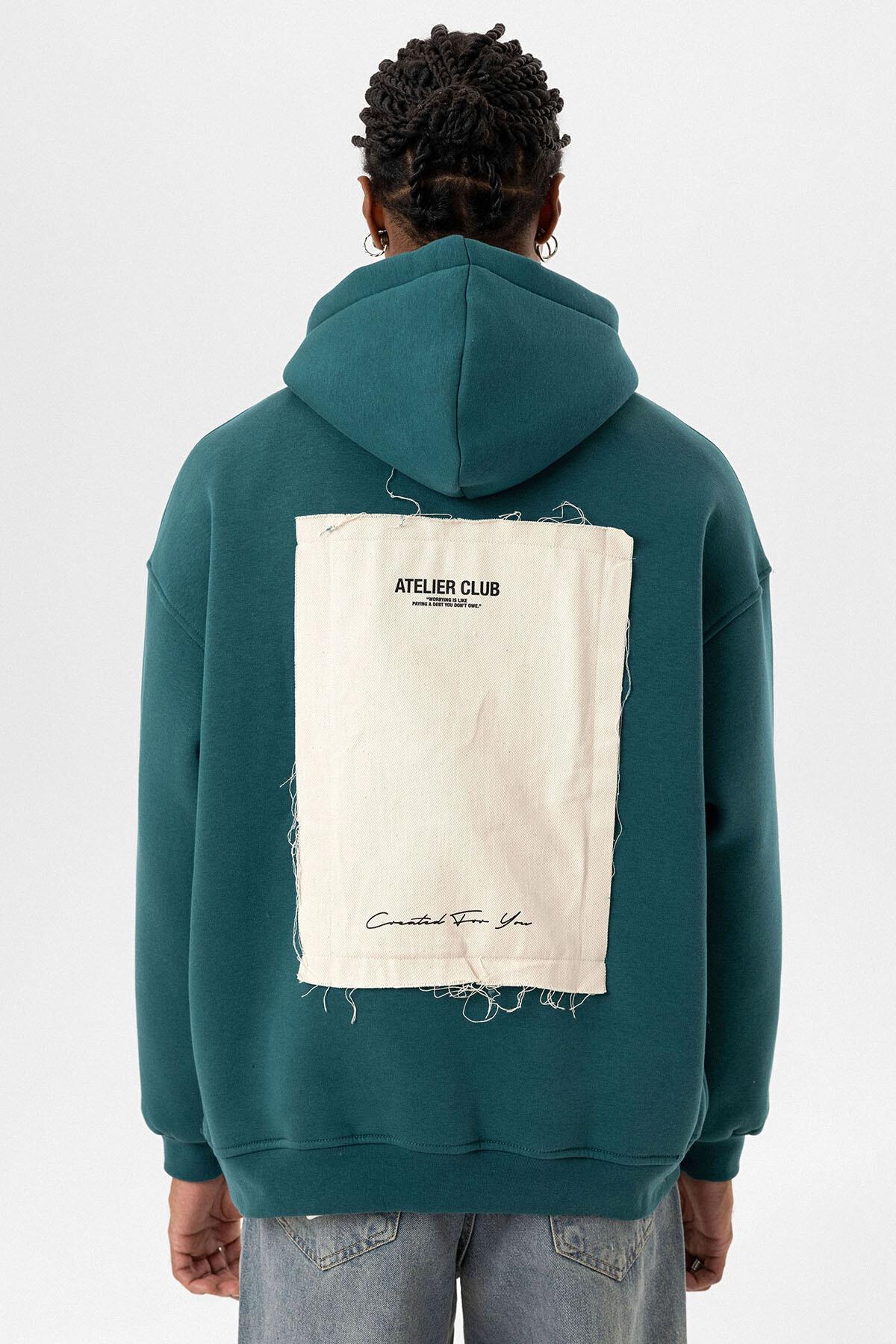 Etiket Detaylı Oversize Kapüşonlu Sweatshirt Petrol