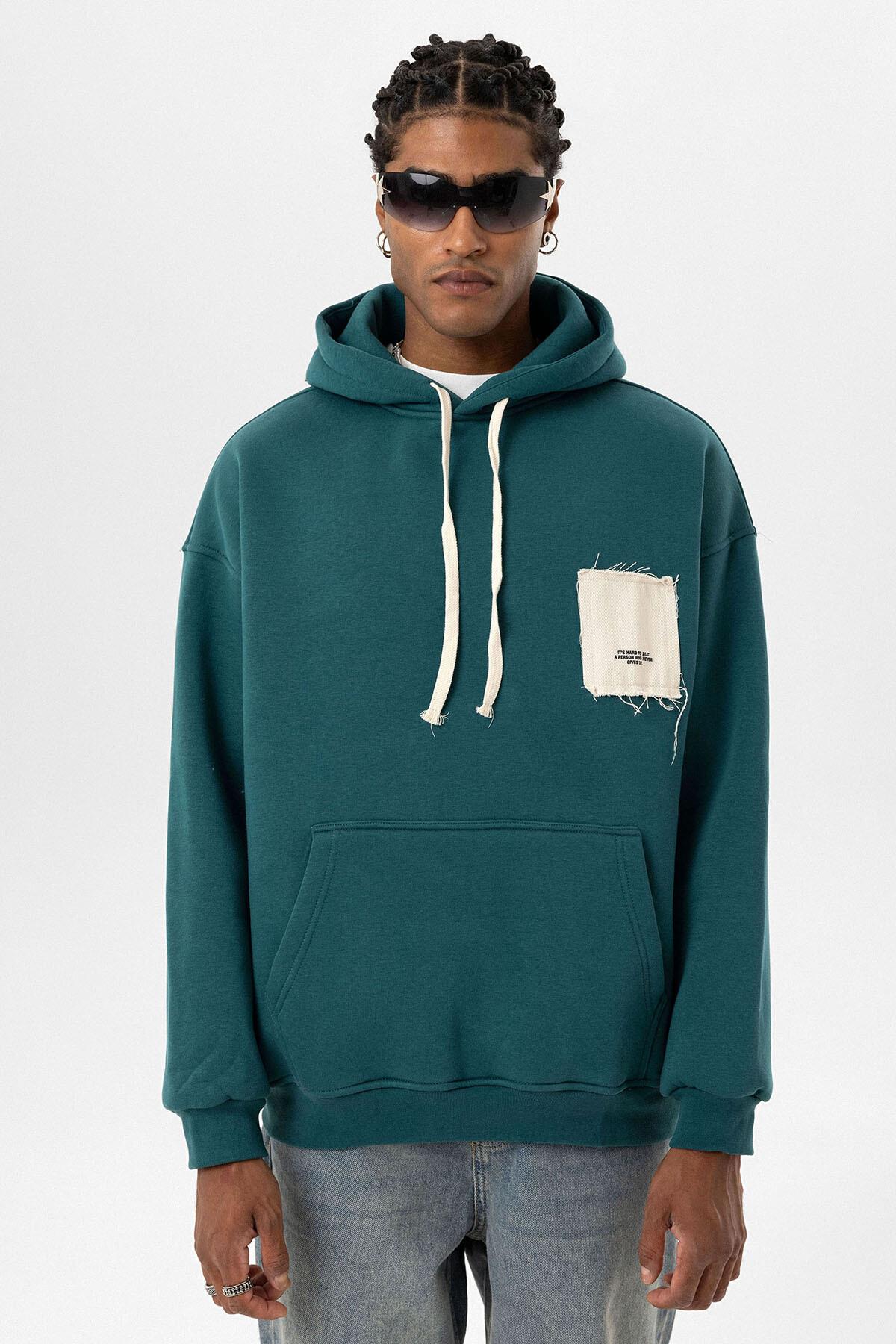 Etiket Detaylı Oversize Kapüşonlu Sweatshirt Petrol