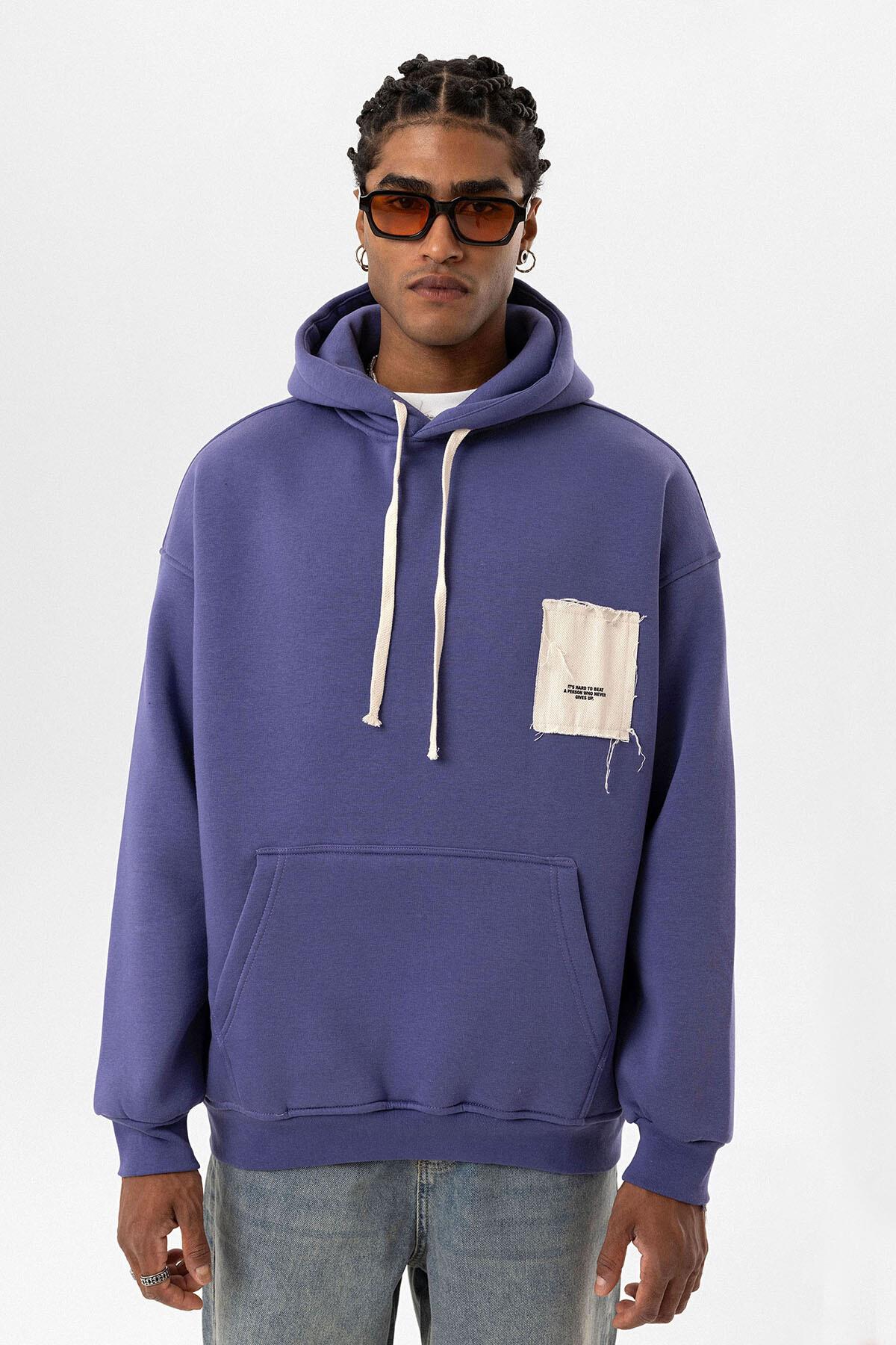 Etiket Detaylı Oversize Kapüşonlu Sweatshirt Mor