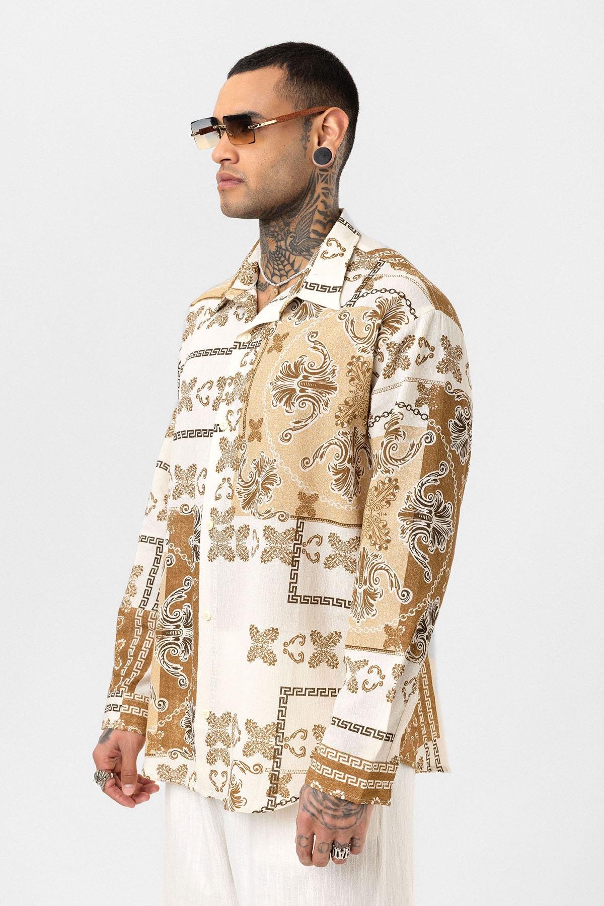 Etnik Desenli Oversize Gömlek Vizon