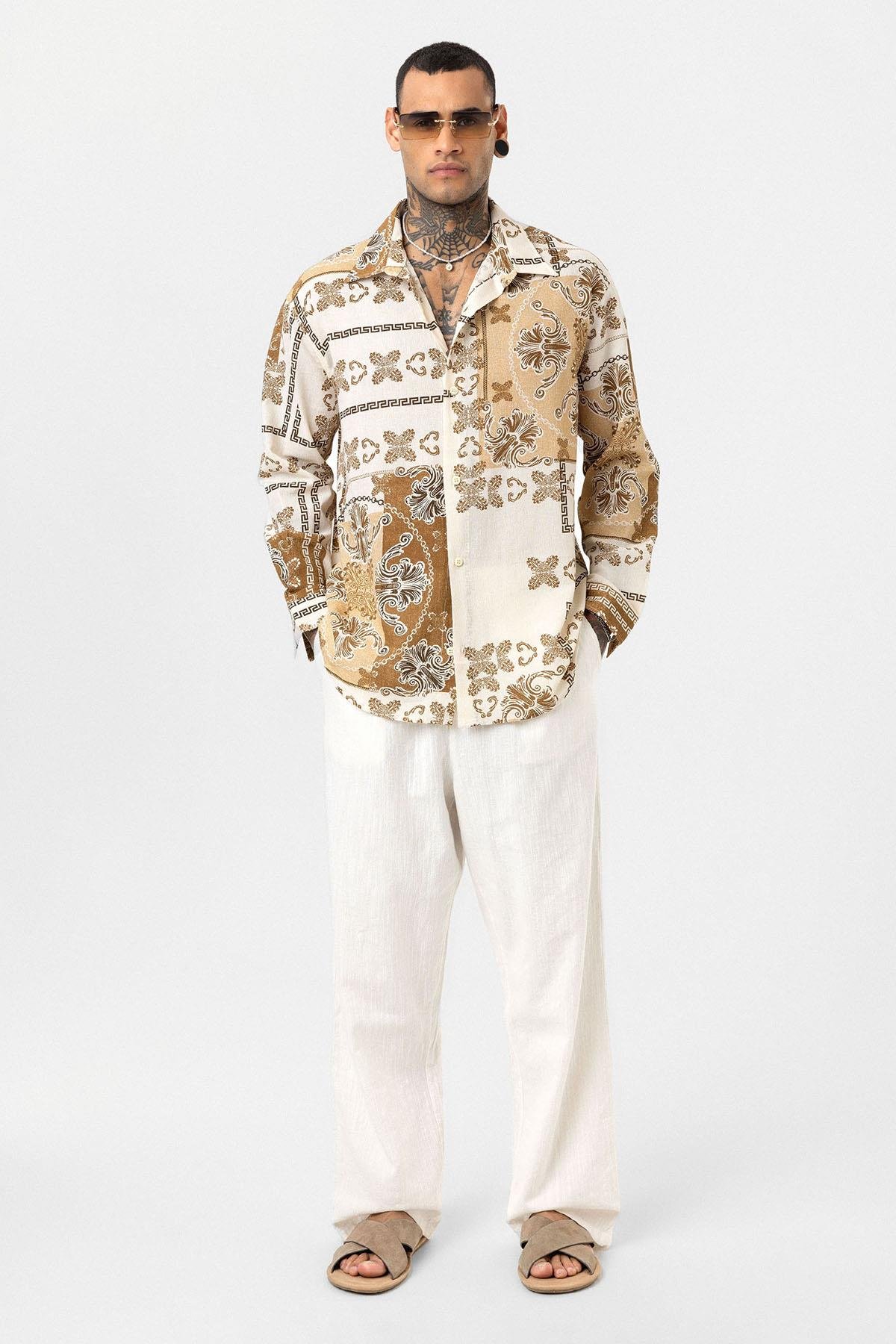 Etnik Desenli Oversize Gömlek Vizon