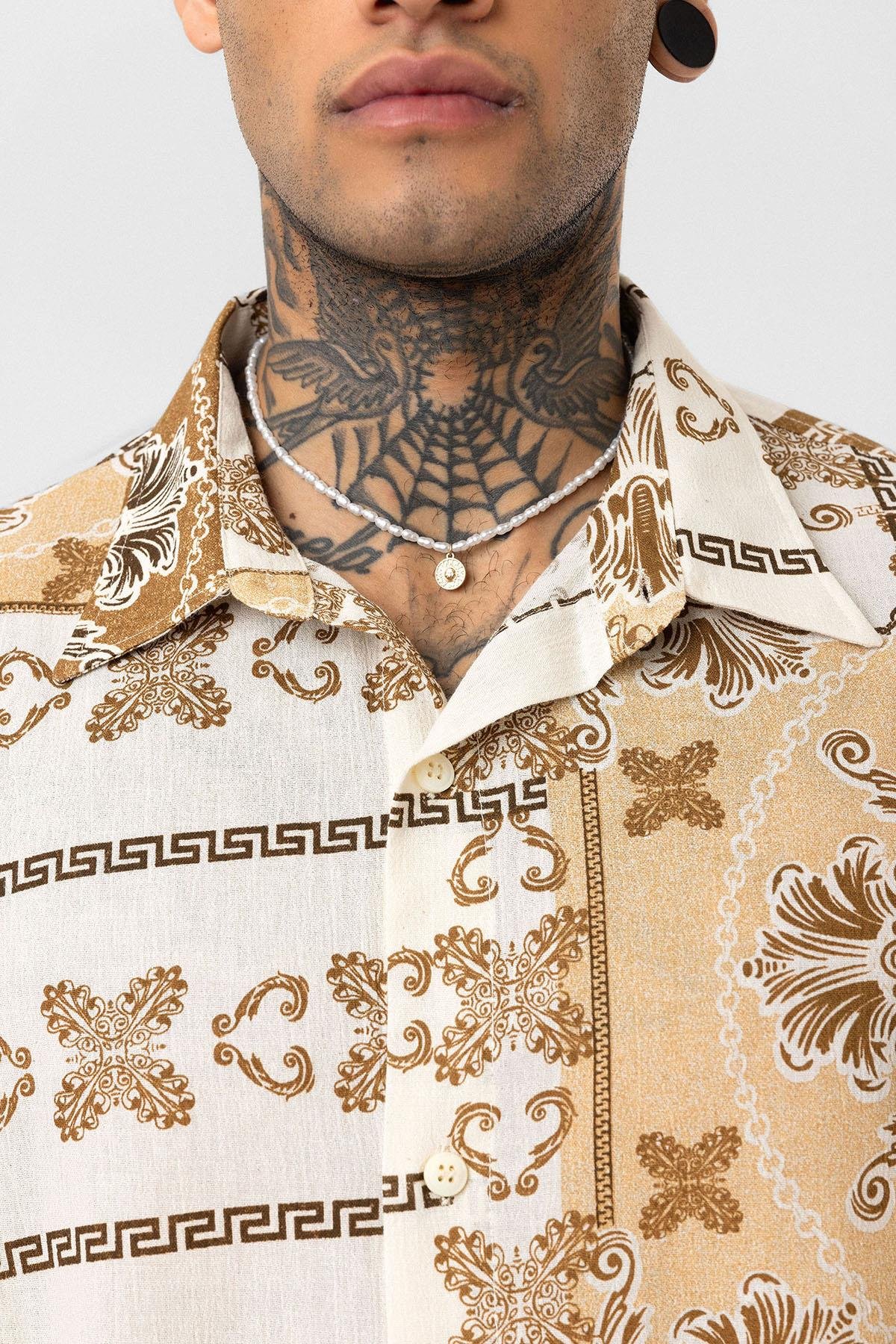 Etnik Desenli Oversize Gömlek Vizon