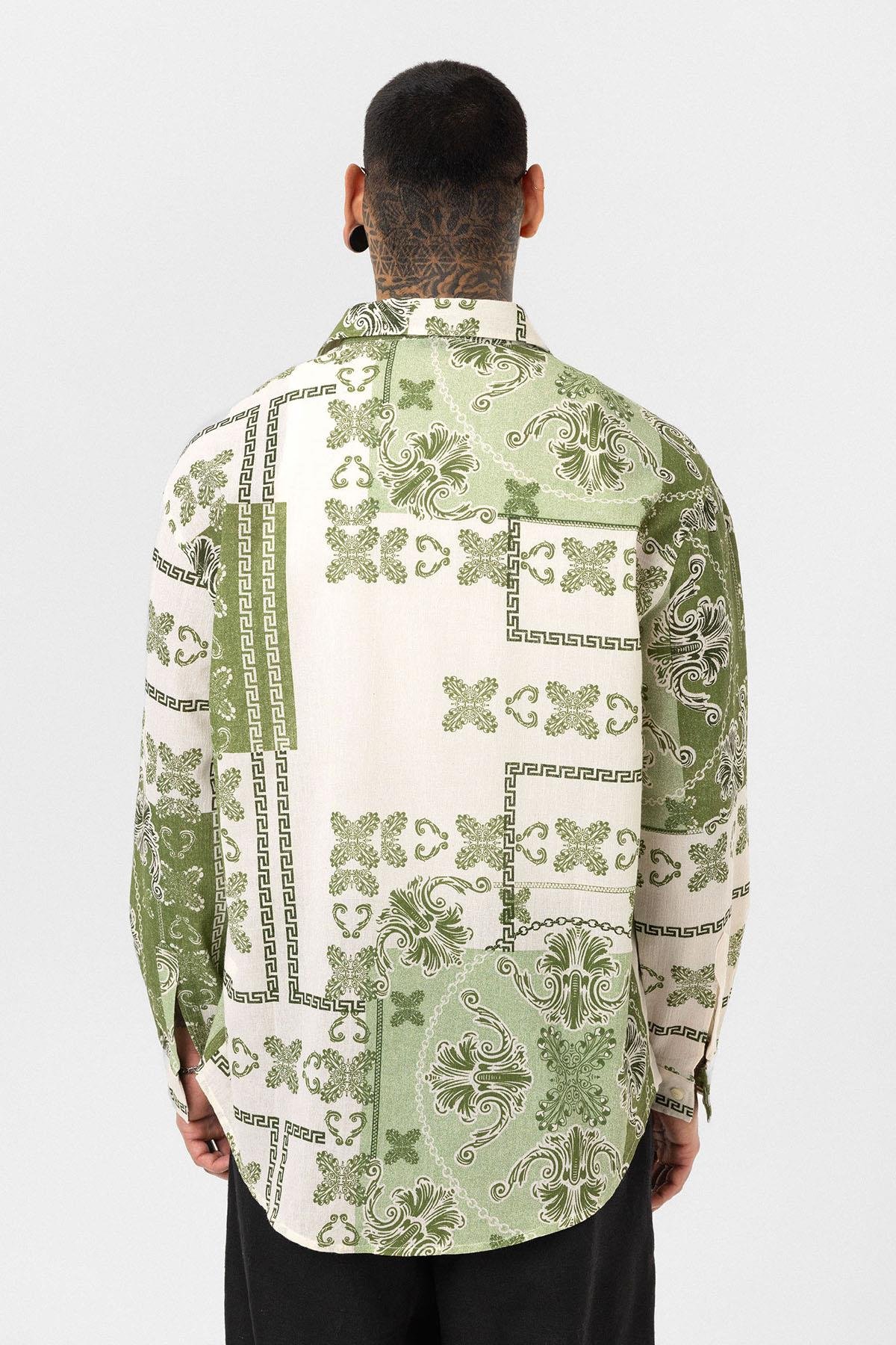 Etnik Desenli Oversize Gömlek Yeşil