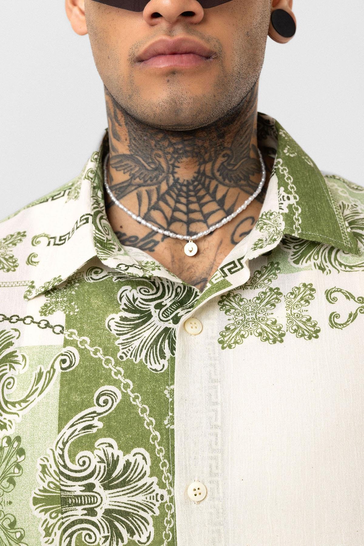 Etnik Desenli Oversize Gömlek Yeşil