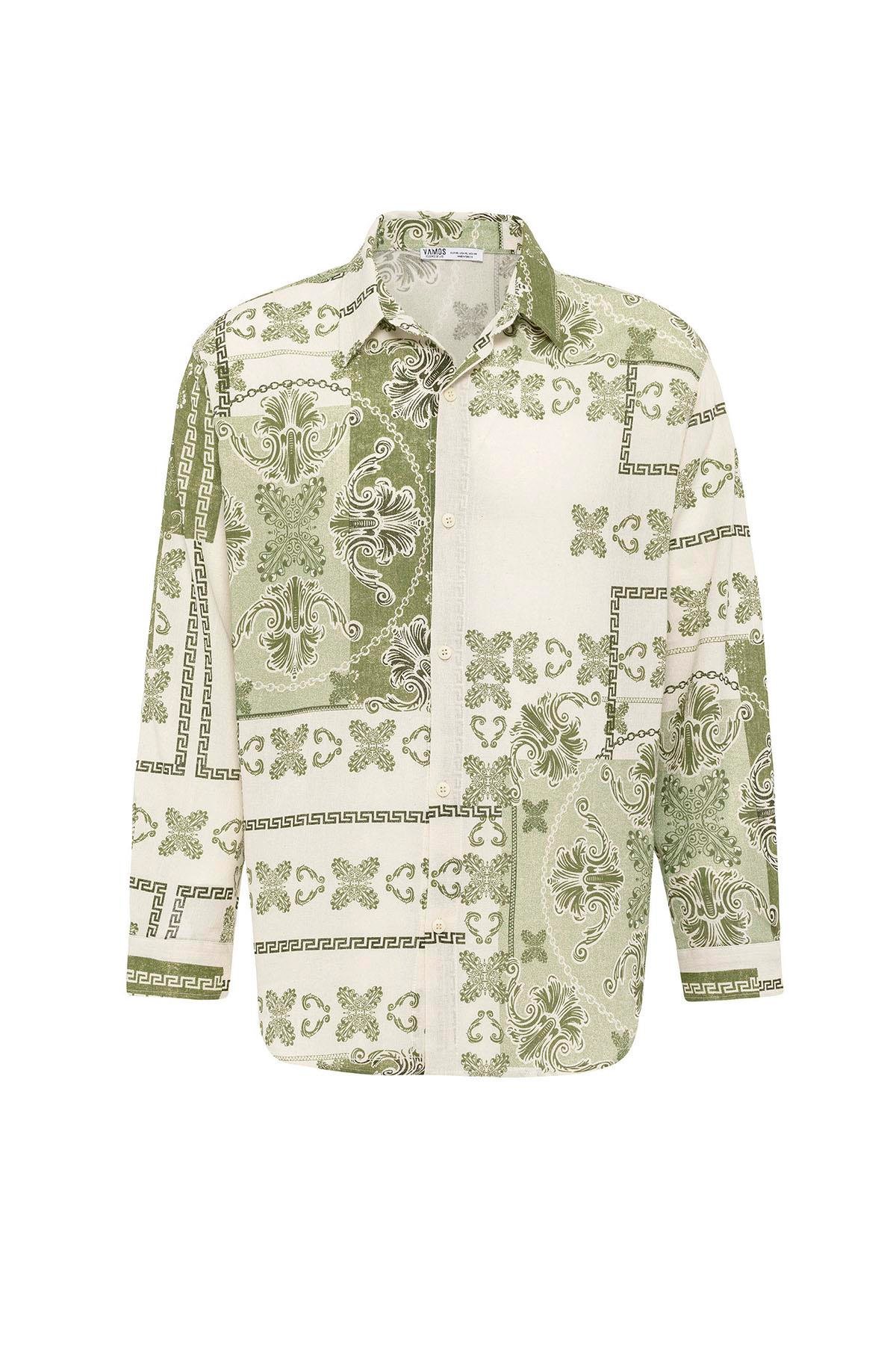 Etnik Desenli Oversize Gömlek Yeşil