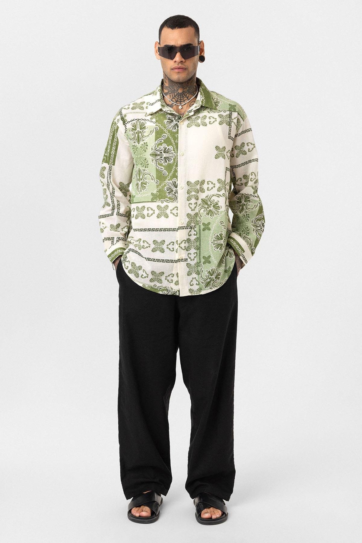 Etnik Desenli Oversize Gömlek Yeşil