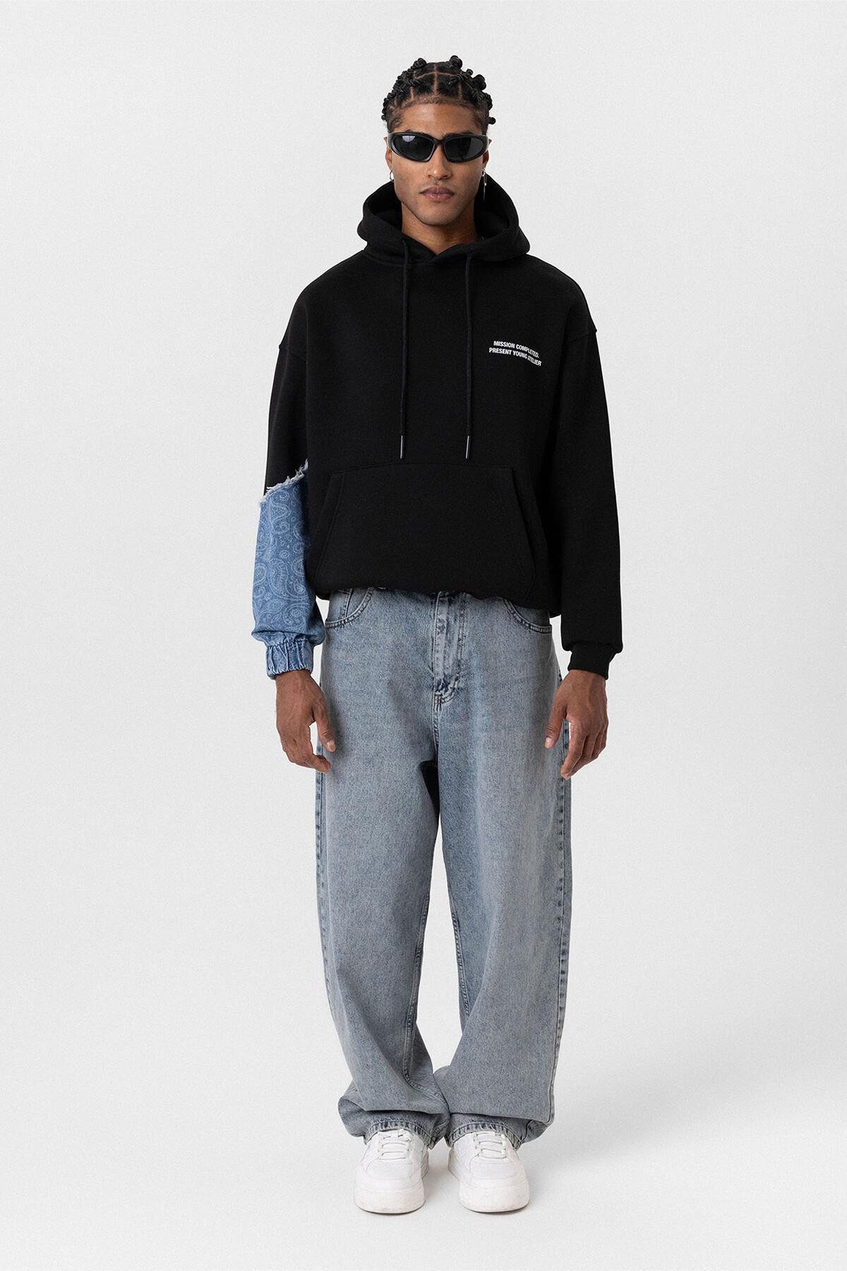 Kapüşonlu Kol Detaylı Oversize Sweatshirt Siyah