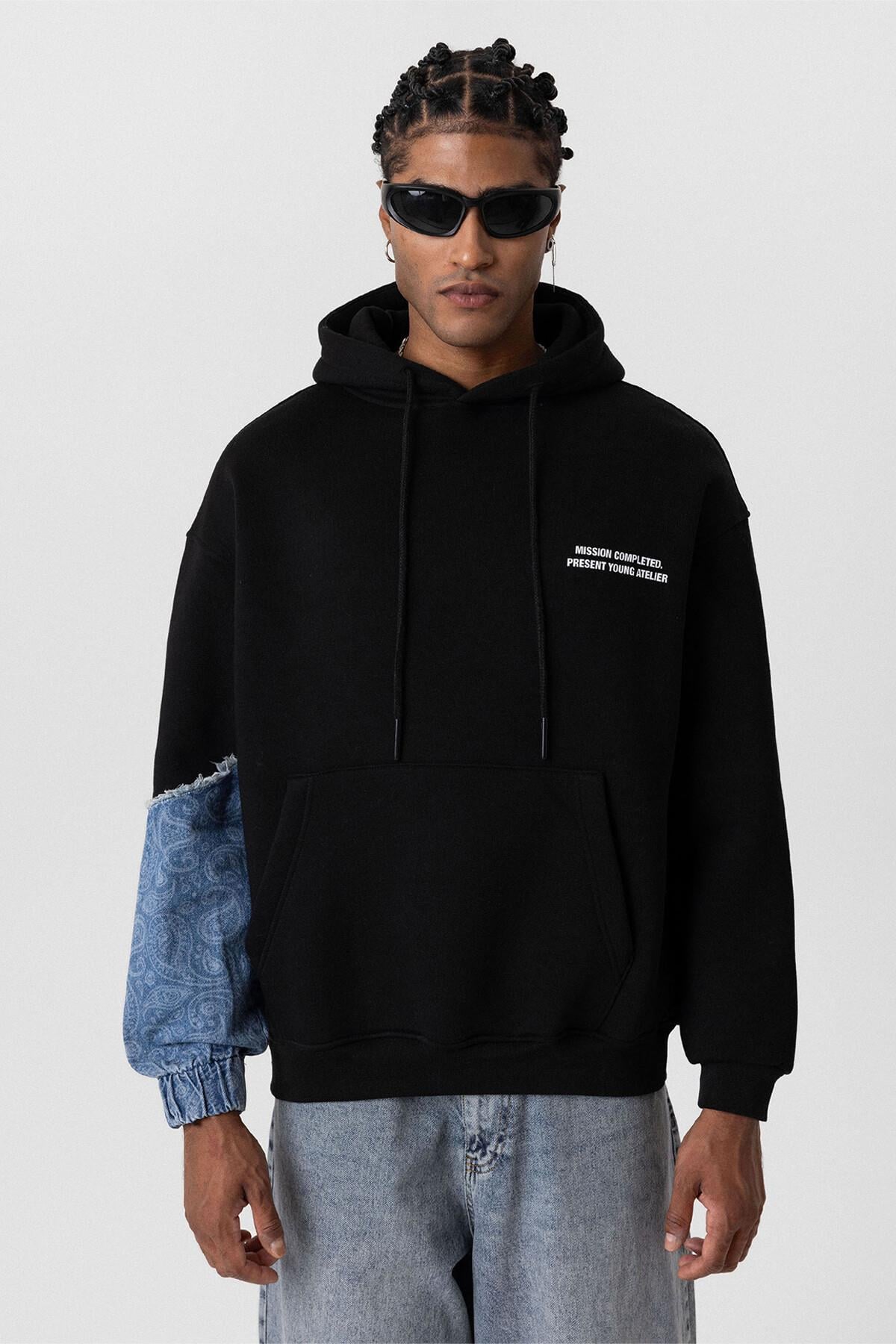 Kapüşonlu Kol Detaylı Oversize Sweatshirt Siyah