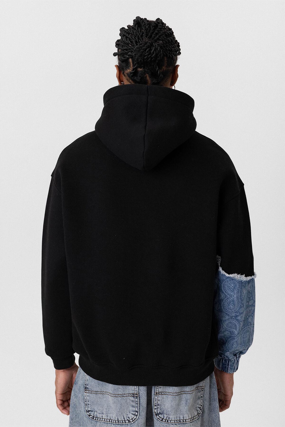 Kapüşonlu Kol Detaylı Oversize Sweatshirt Siyah