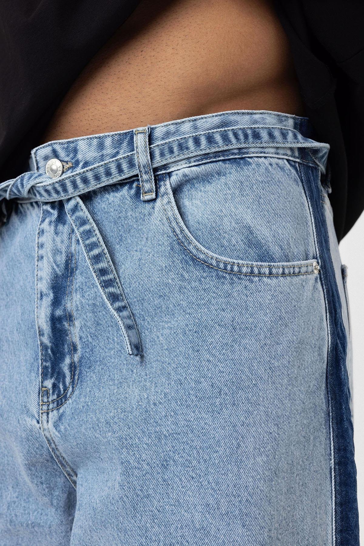 Kemer Detaylı Şeritli Baggy Jean Açık Mavi Melanj