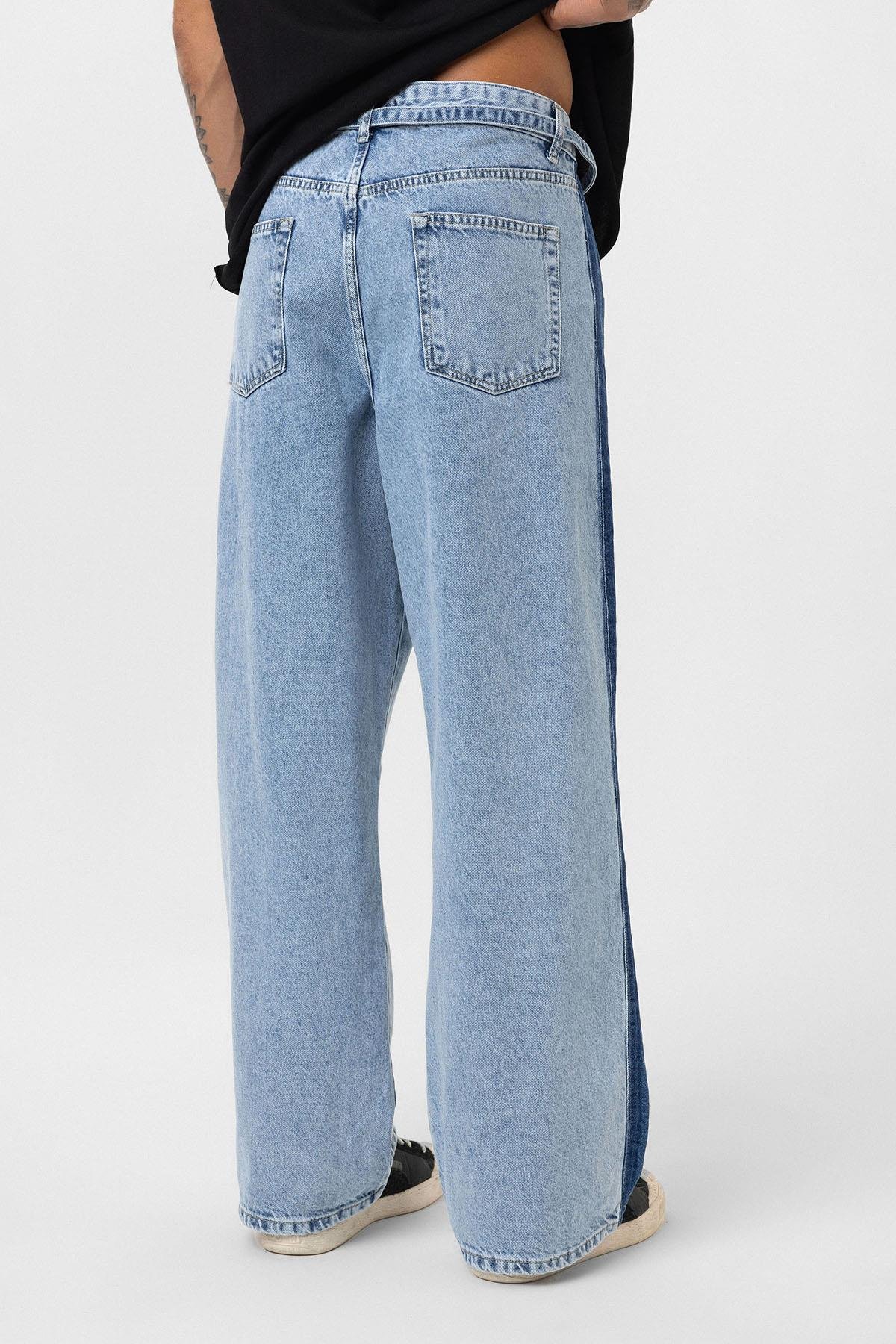 Kemer Detaylı Şeritli Baggy Jean Açık Mavi Melanj
