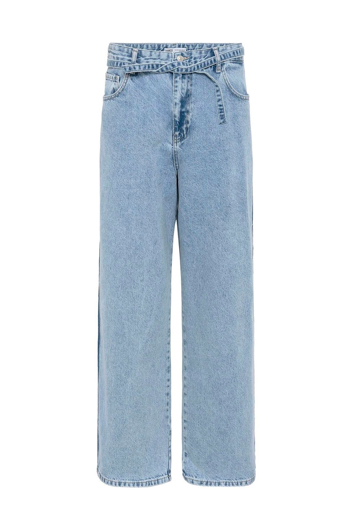 Kemer Detaylı Şeritli Baggy Jean Açık Mavi Melanj