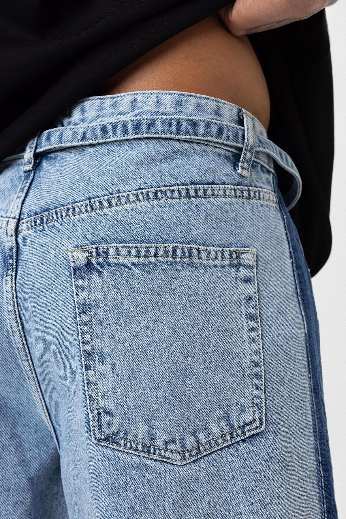 Kemer Detaylı Şeritli Baggy Jean Açık Mavi Melanj