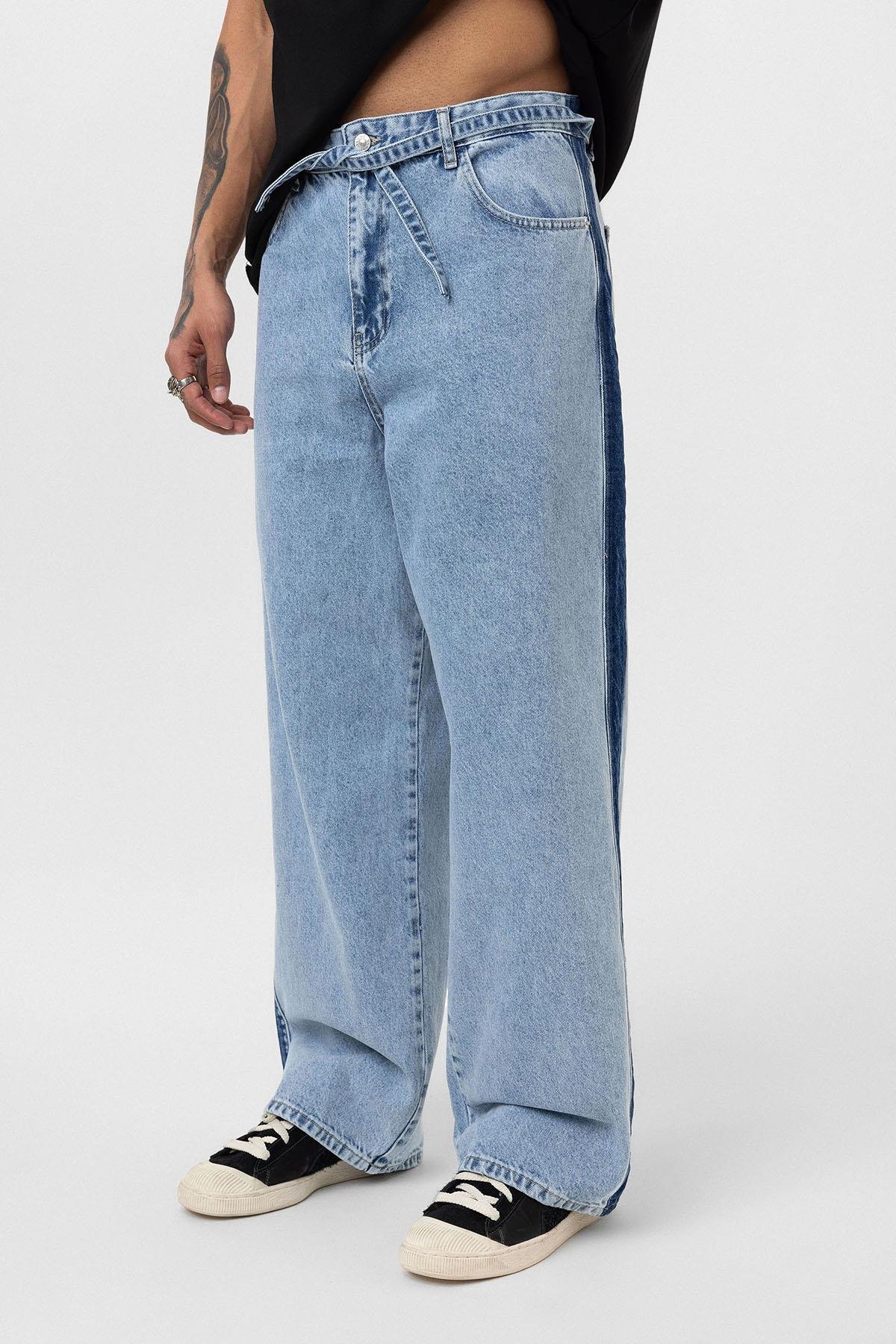 Kemer Detaylı Şeritli Baggy Jean Açık Mavi Melanj