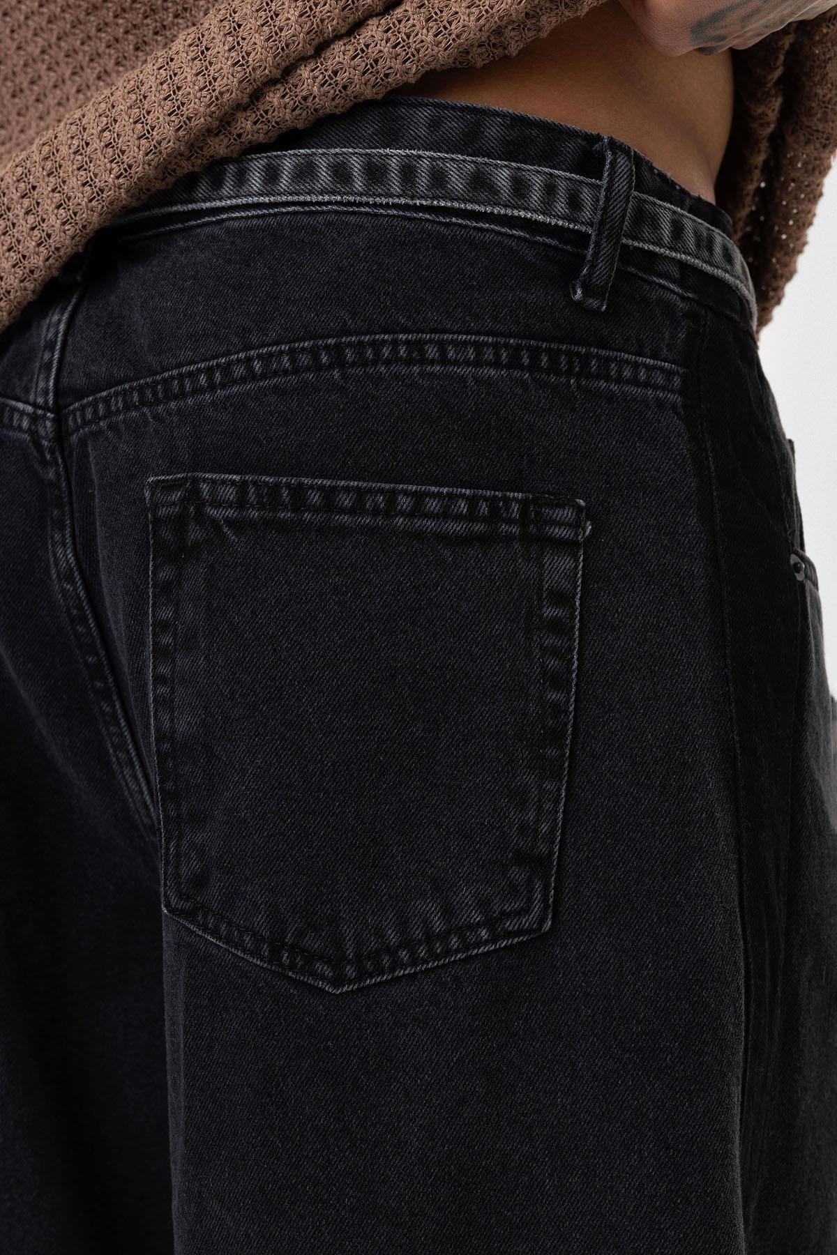 Kemer Detaylı Şeritli Baggy Jean Antrasit