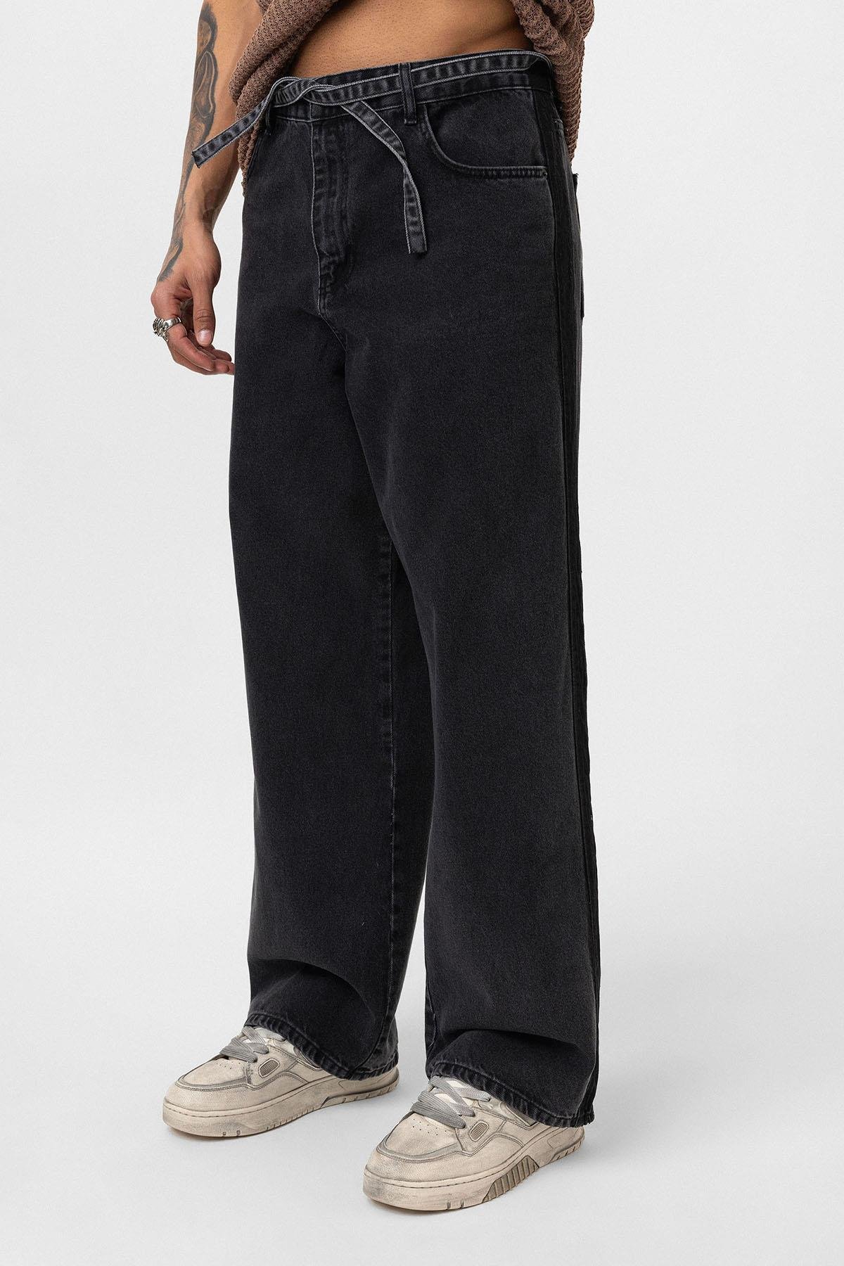 Kemer Detaylı Şeritli Baggy Jean Antrasit