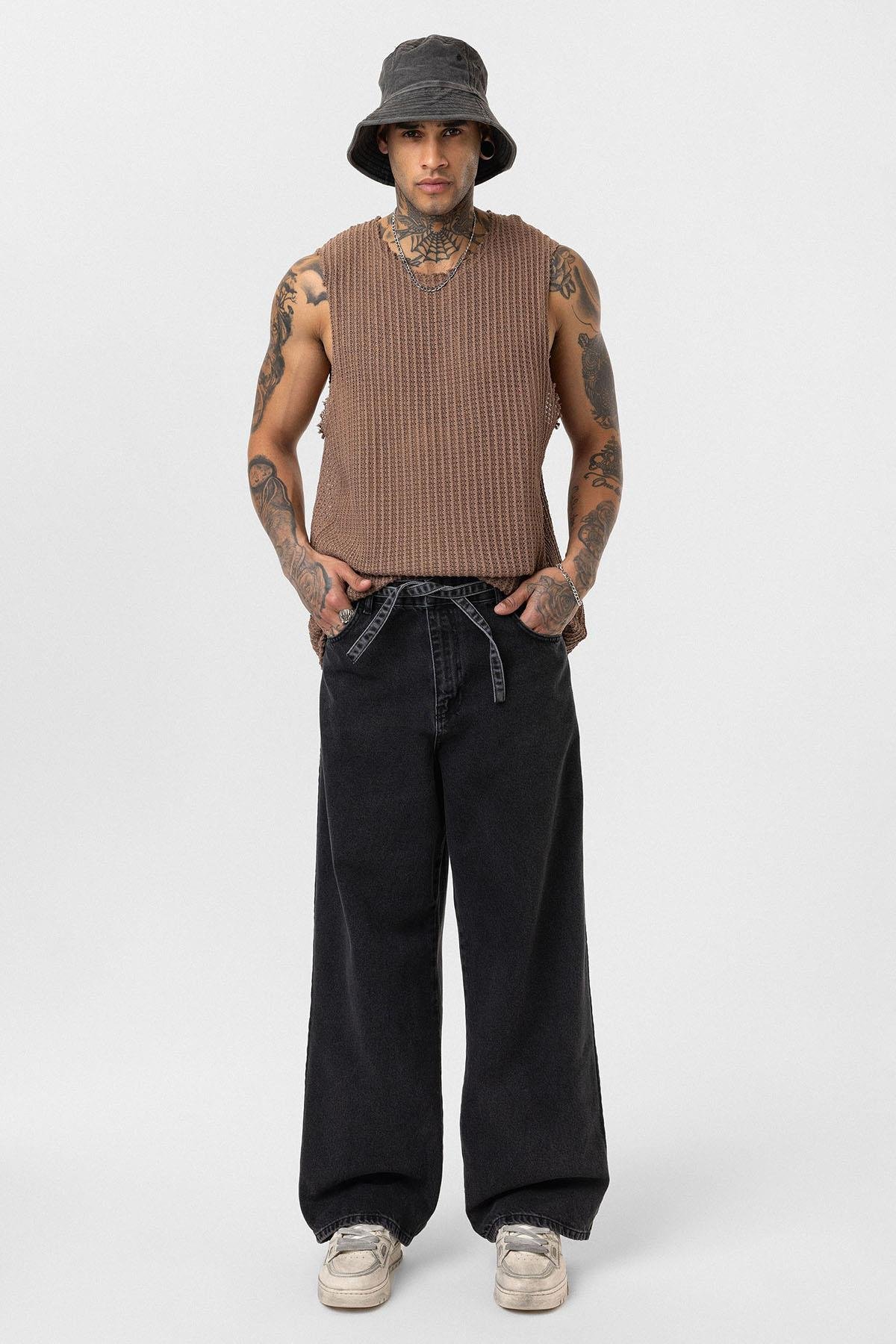 Kemer Detaylı Şeritli Baggy Jean Antrasit