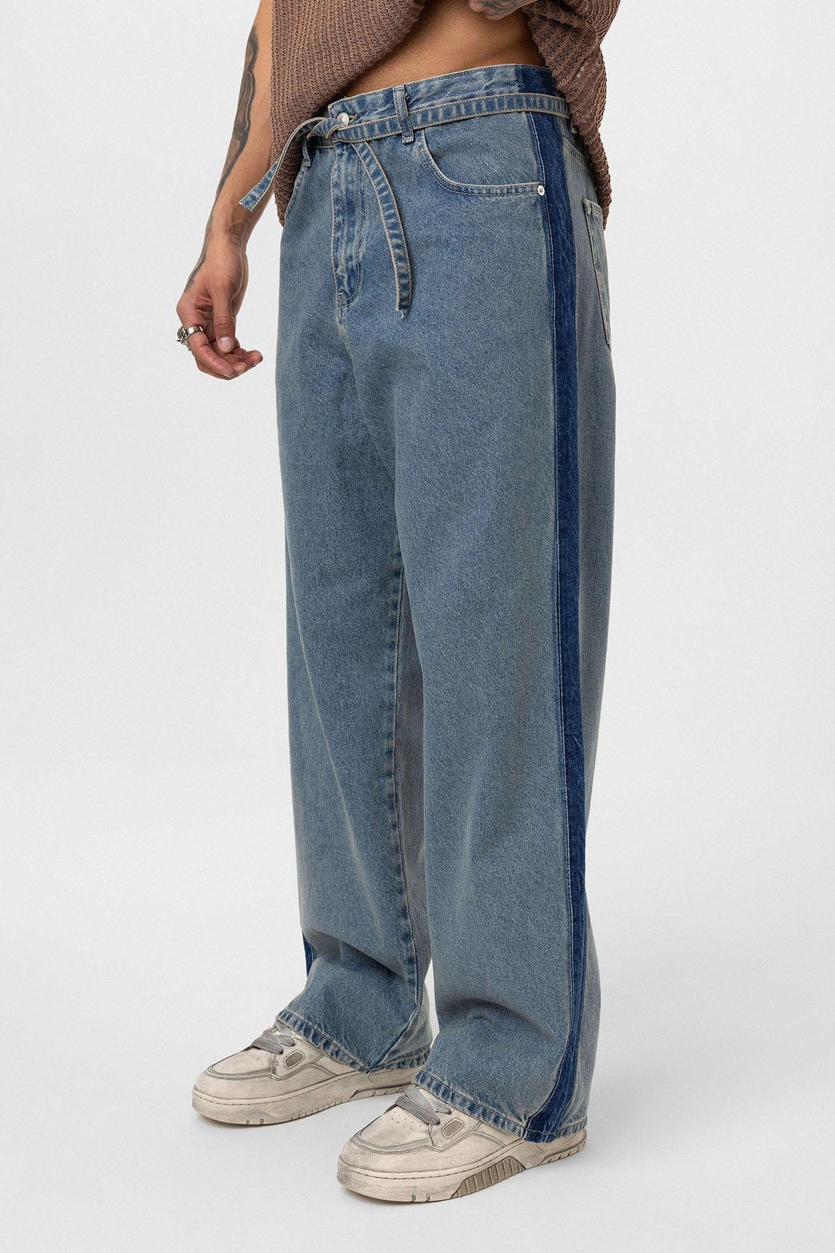 Kemer Detaylı Şeritli Baggy Jean Mavi Melanj