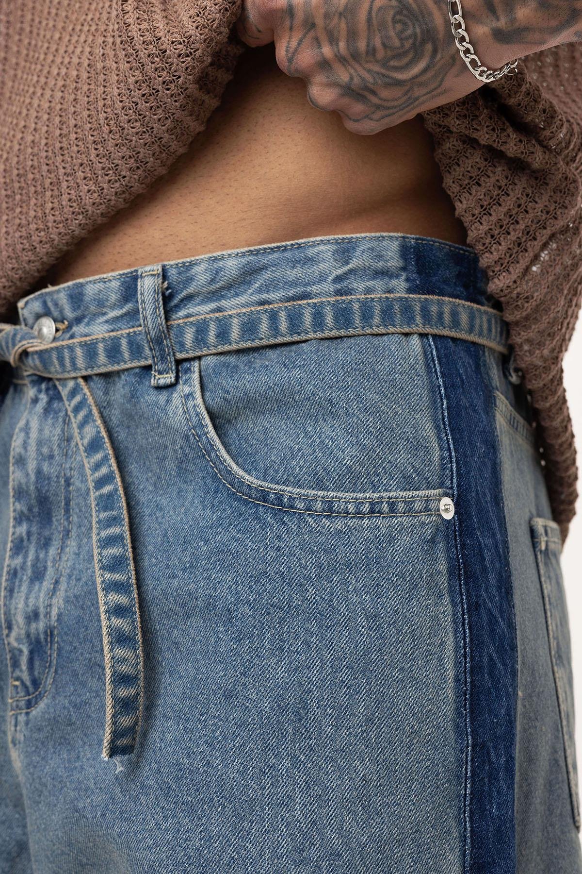 Kemer Detaylı Şeritli Baggy Jean Mavi Melanj