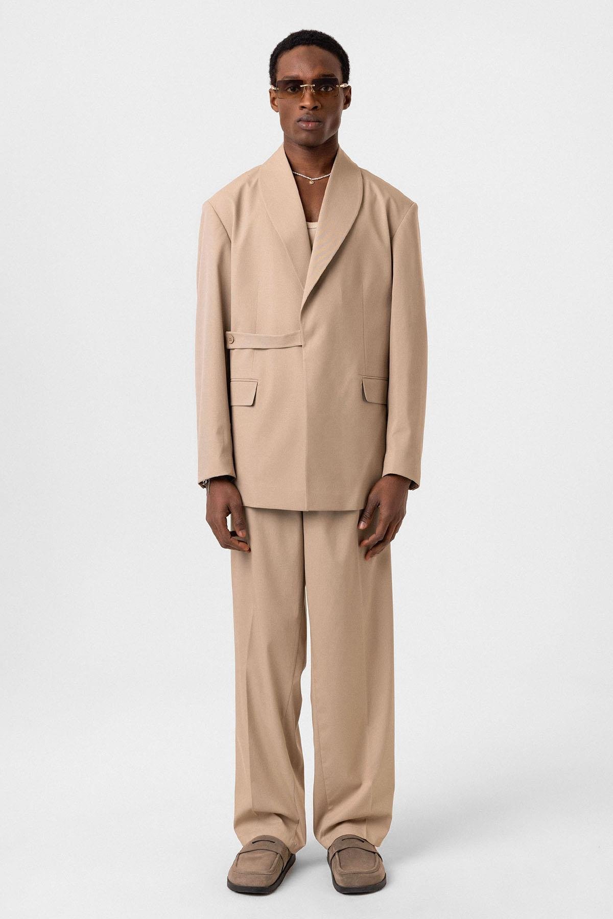 Kruvaze Kapama Oversize Takım Elbise Bej