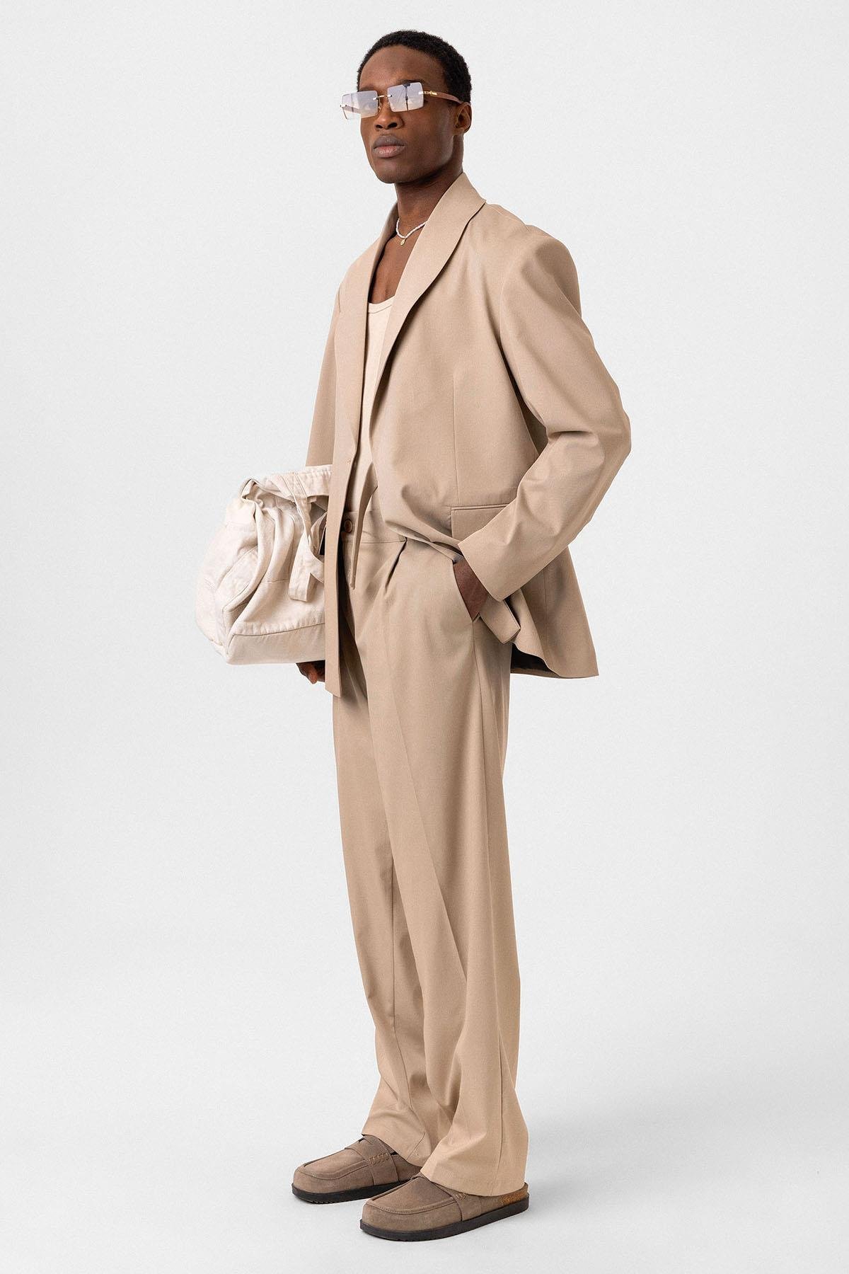 Kruvaze Kapama Oversize Takım Elbise Bej