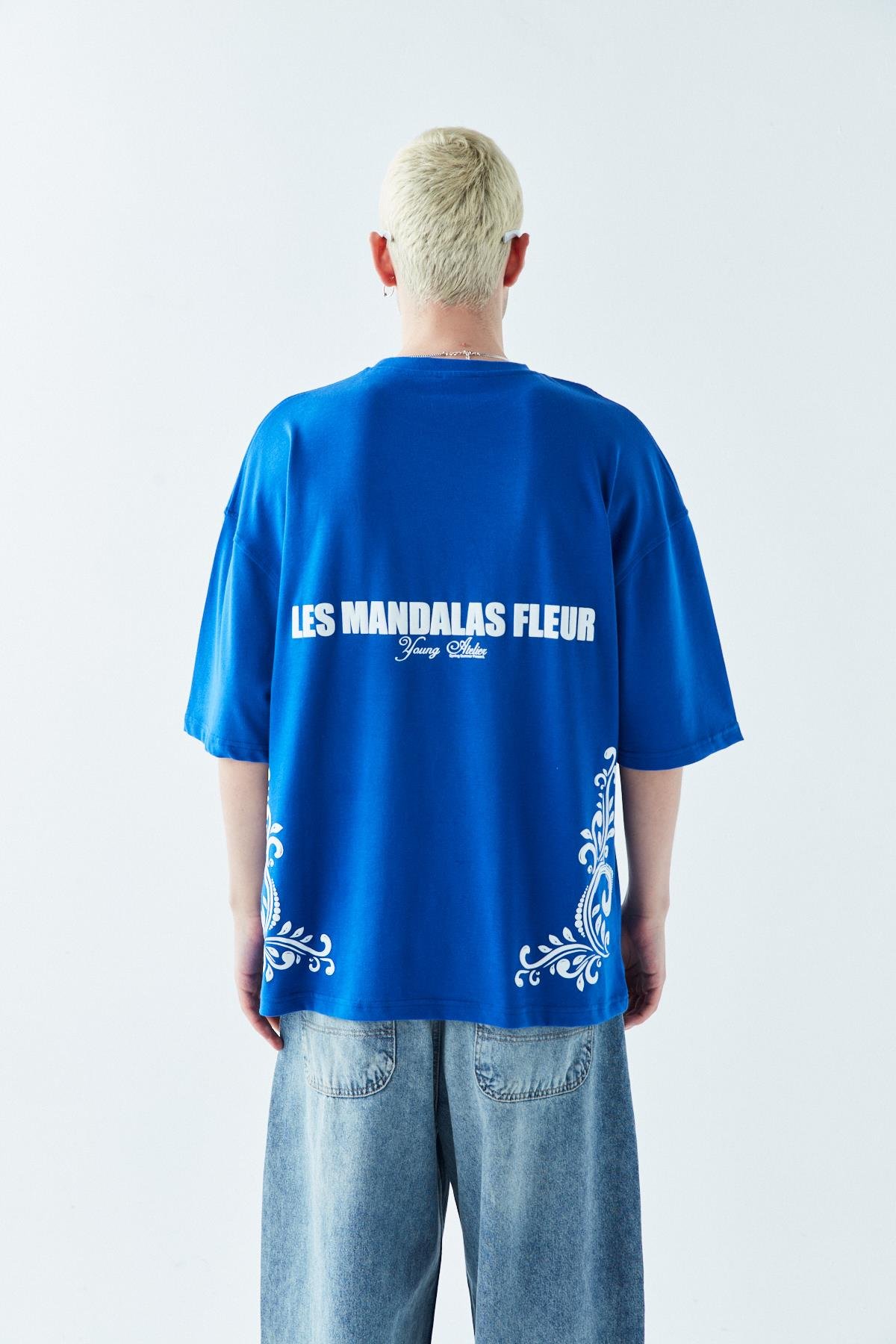 Les Mandalas Arka Baskılı Oversize Tişört Saks