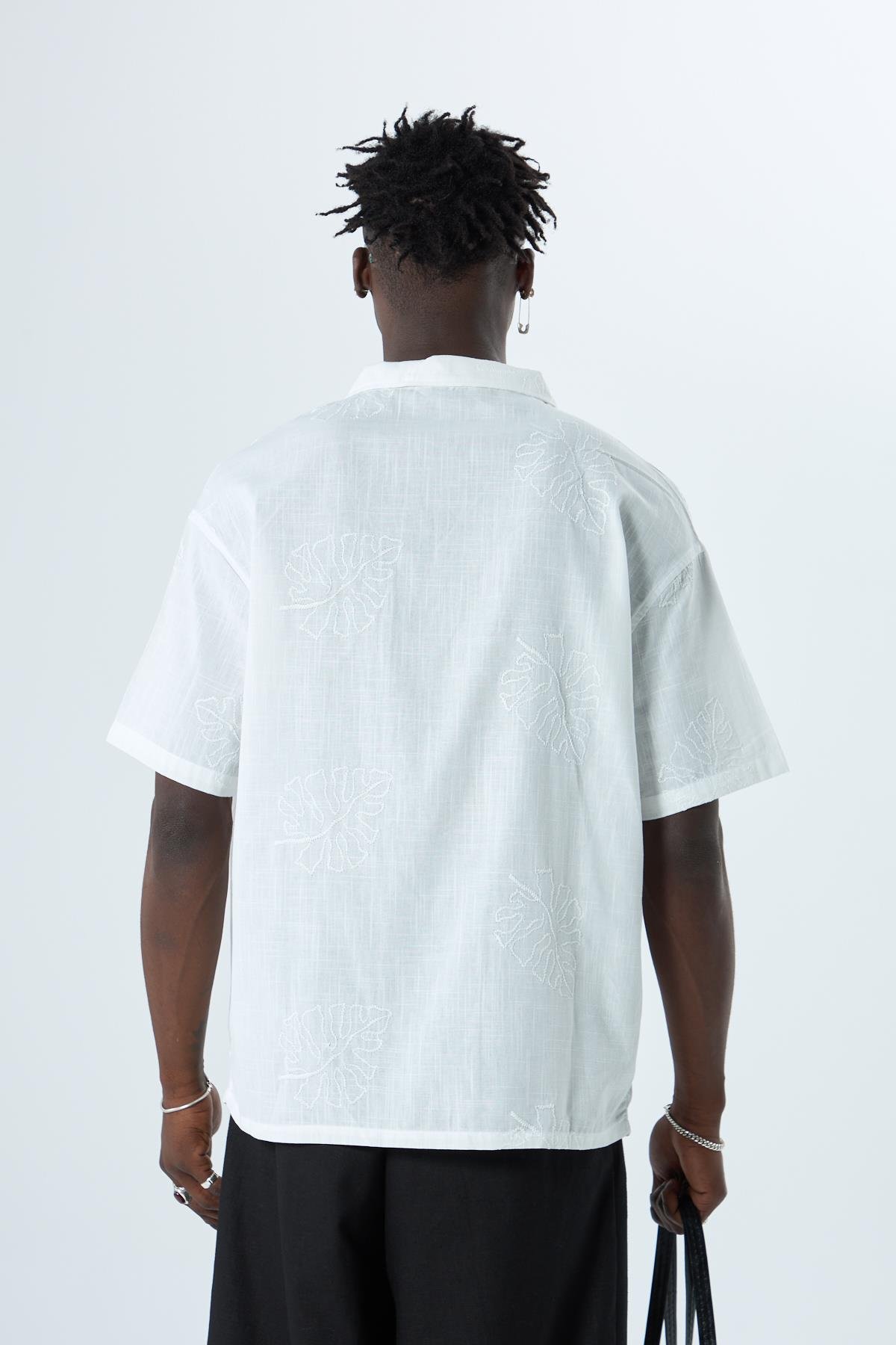 Nakış Detaylı Oversize Keten Gömlek Ekru