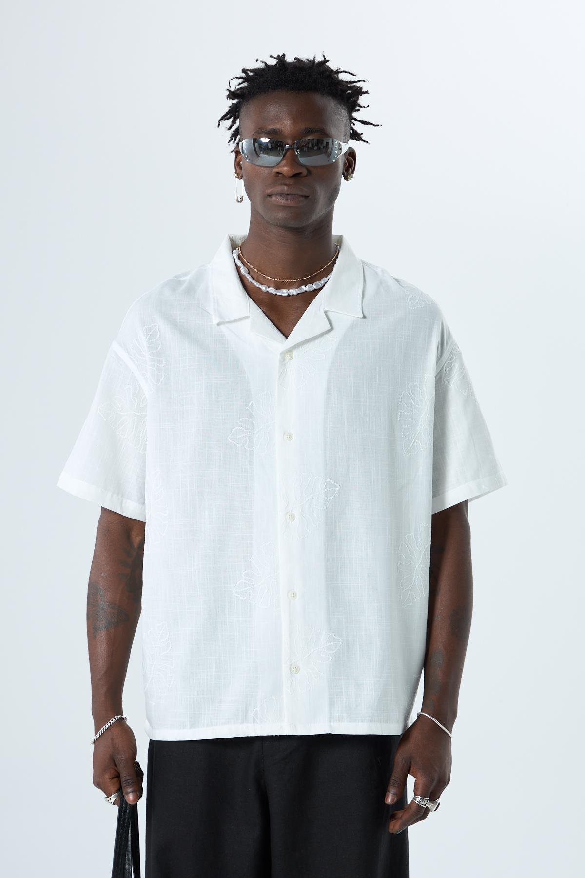 Nakış Detaylı Oversize Keten Gömlek Ekru