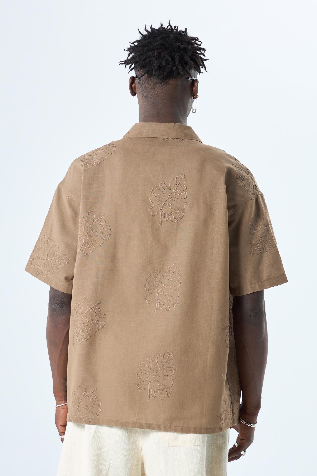 Nakış Detaylı Oversize Keten Gömlek Kahve