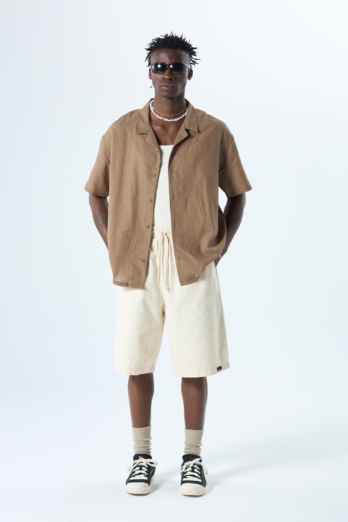 Nakış Detaylı Oversize Keten Gömlek Kahve