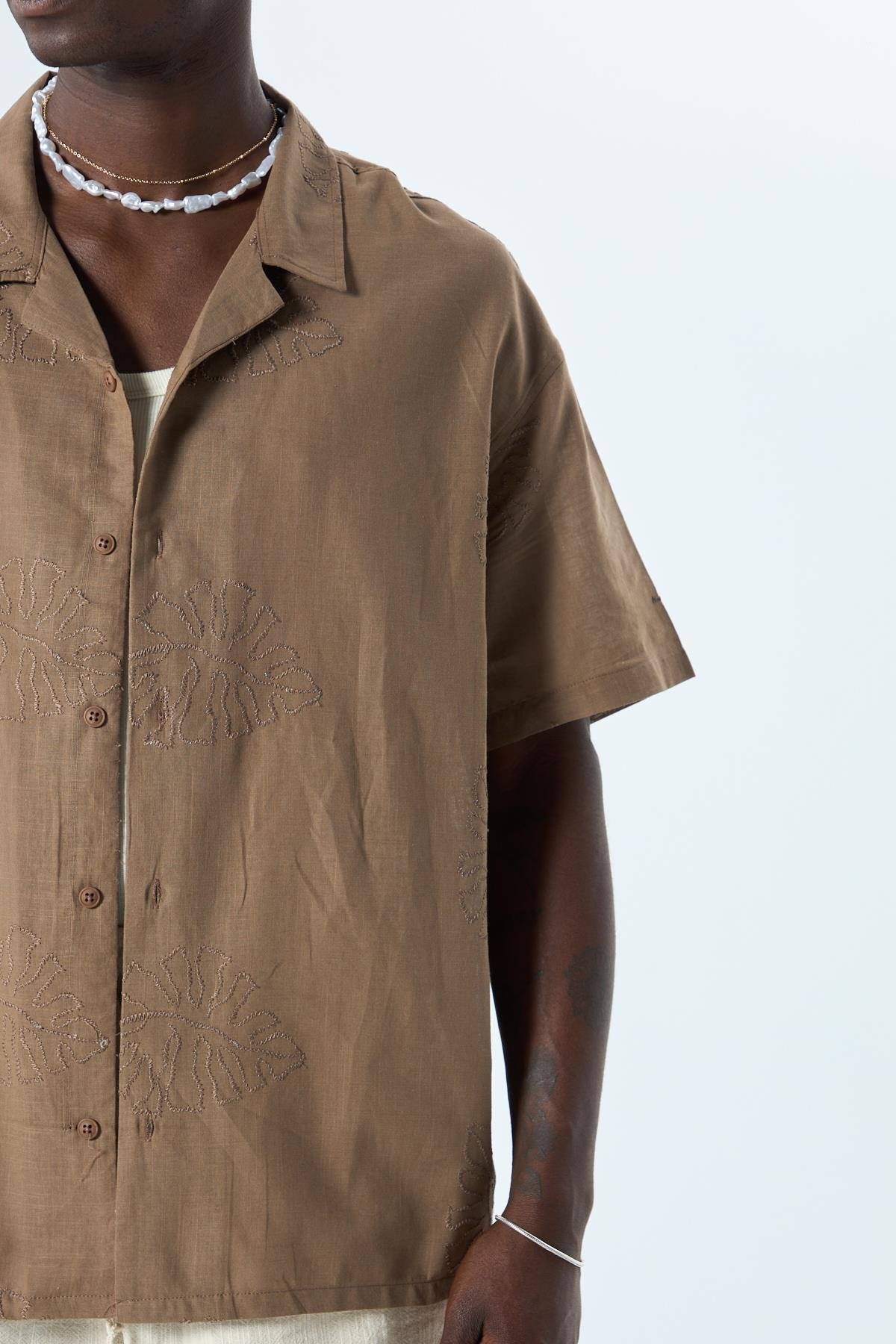 Nakış Detaylı Oversize Keten Gömlek Kahve