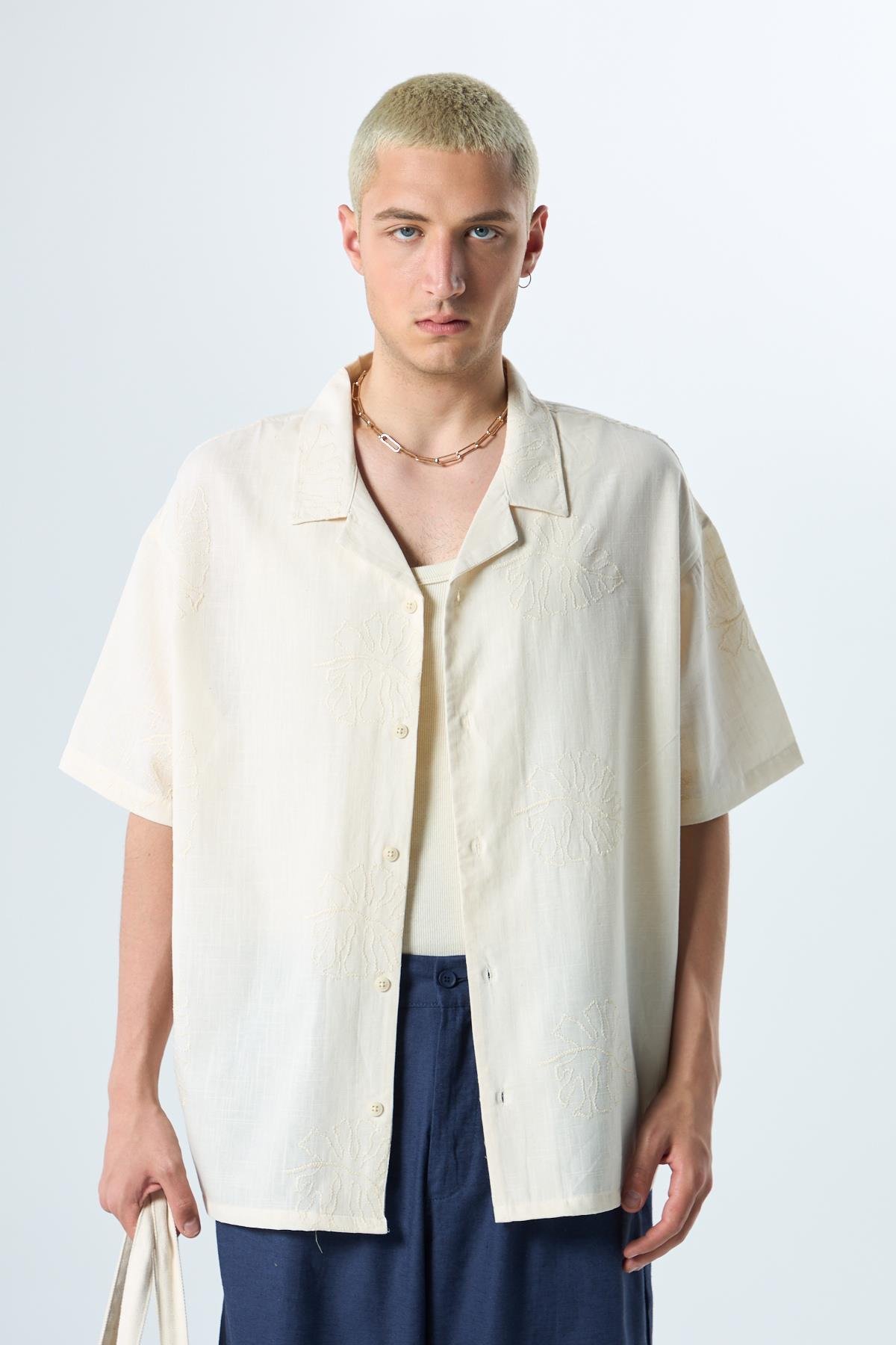 Nakış Detaylı Oversize Keten Gömlek Naturel