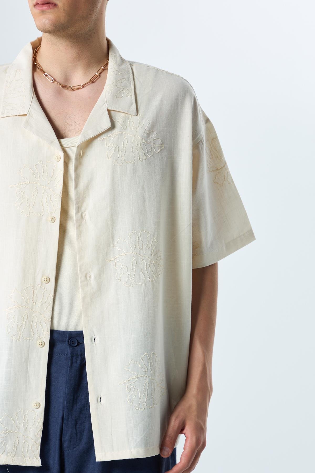 Nakış Detaylı Oversize Keten Gömlek Naturel