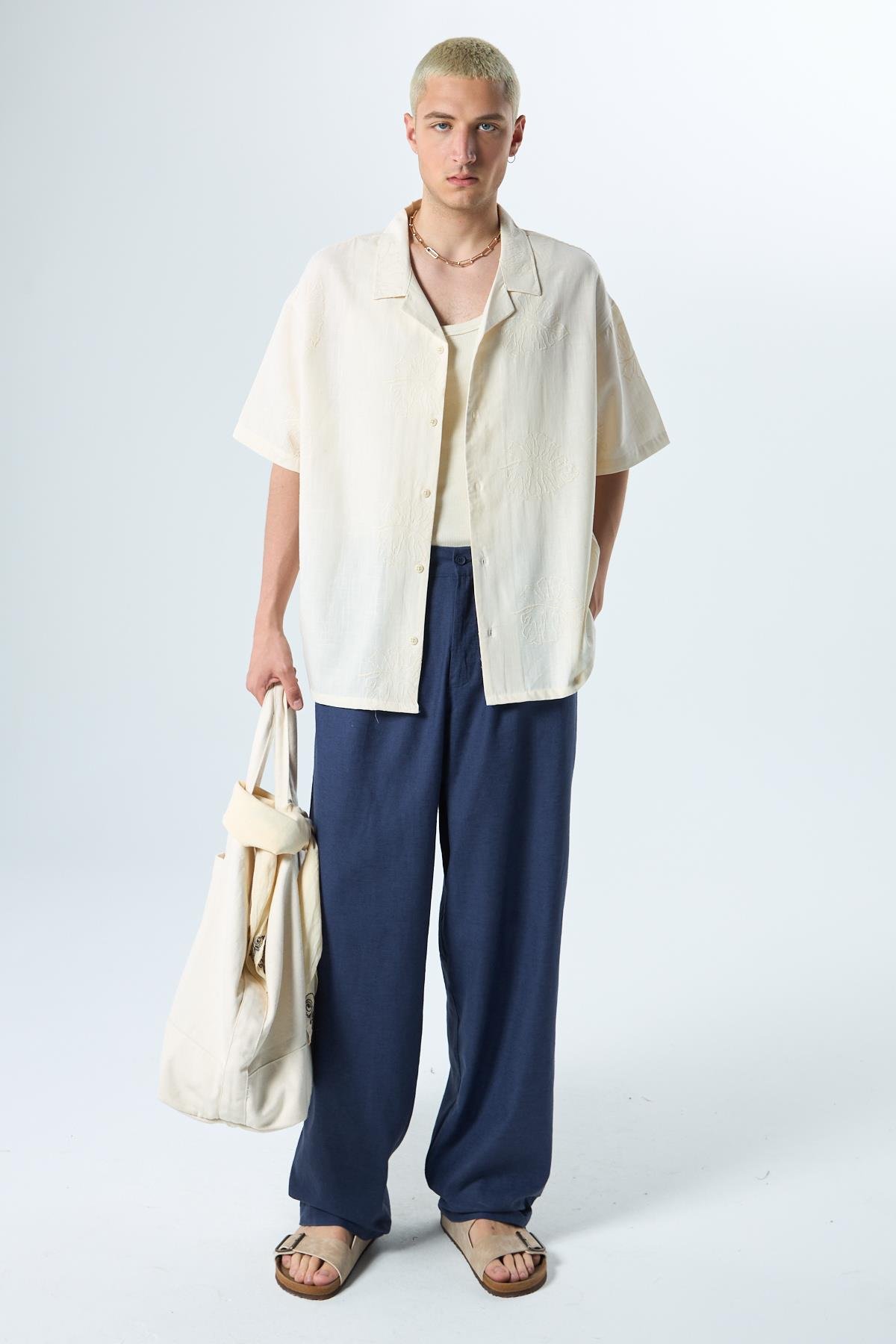 Nakış Detaylı Oversize Keten Gömlek Naturel