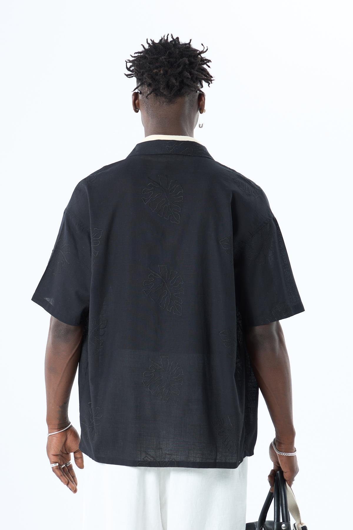 Nakış Detaylı Oversize Keten Gömlek Siyah