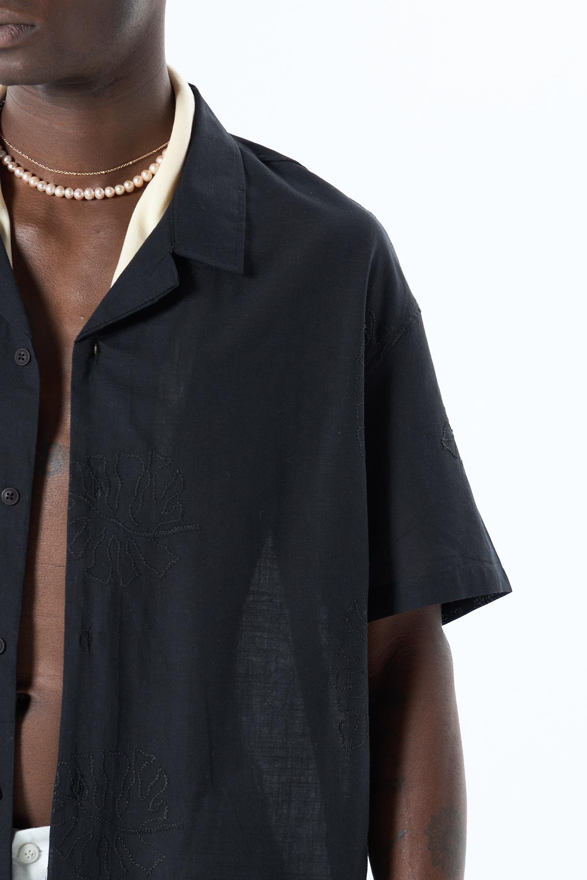 Nakış Detaylı Oversize Keten Gömlek Siyah