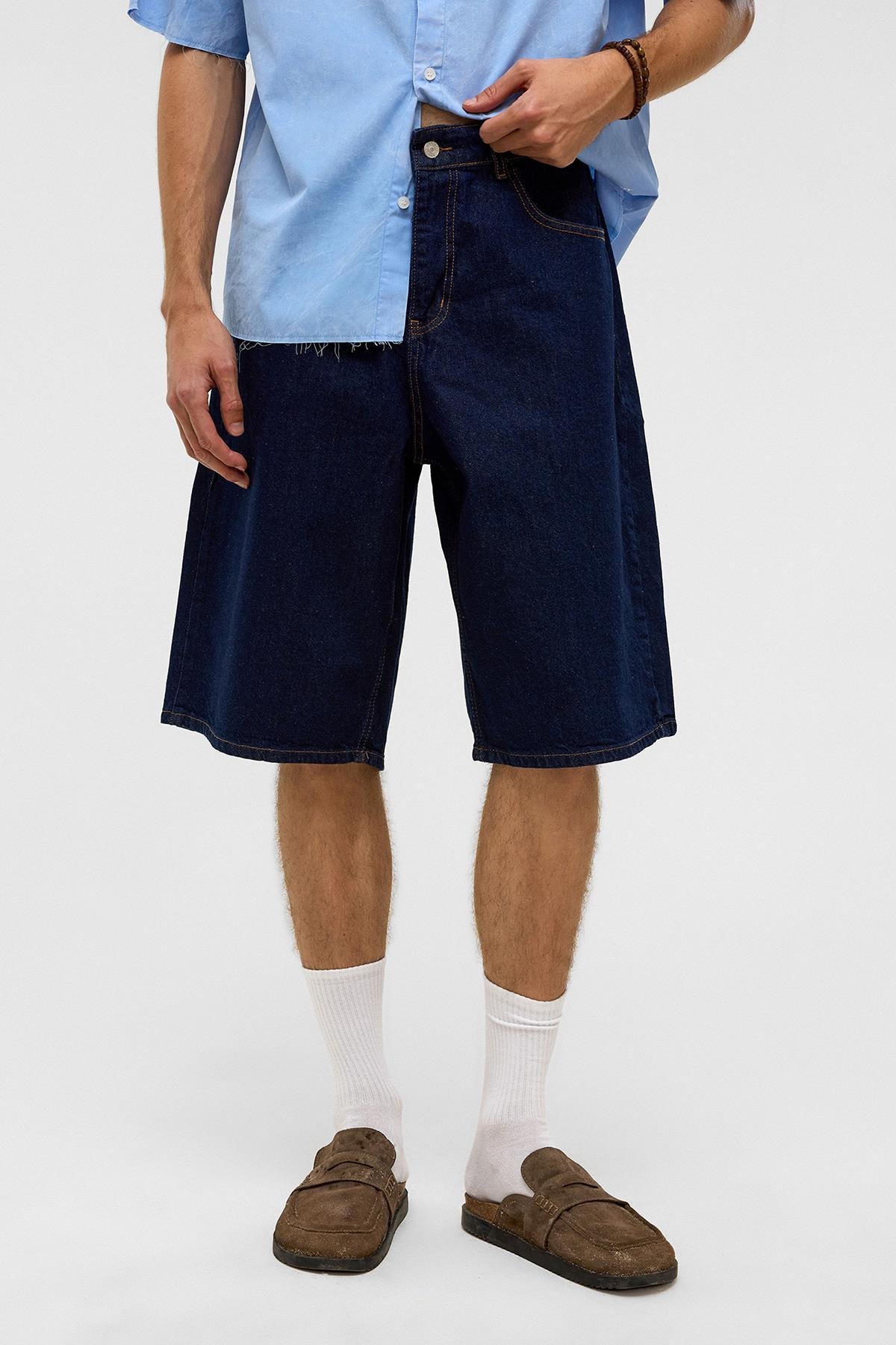 Oversize Bermuda Denim Şort Koyu Mavi