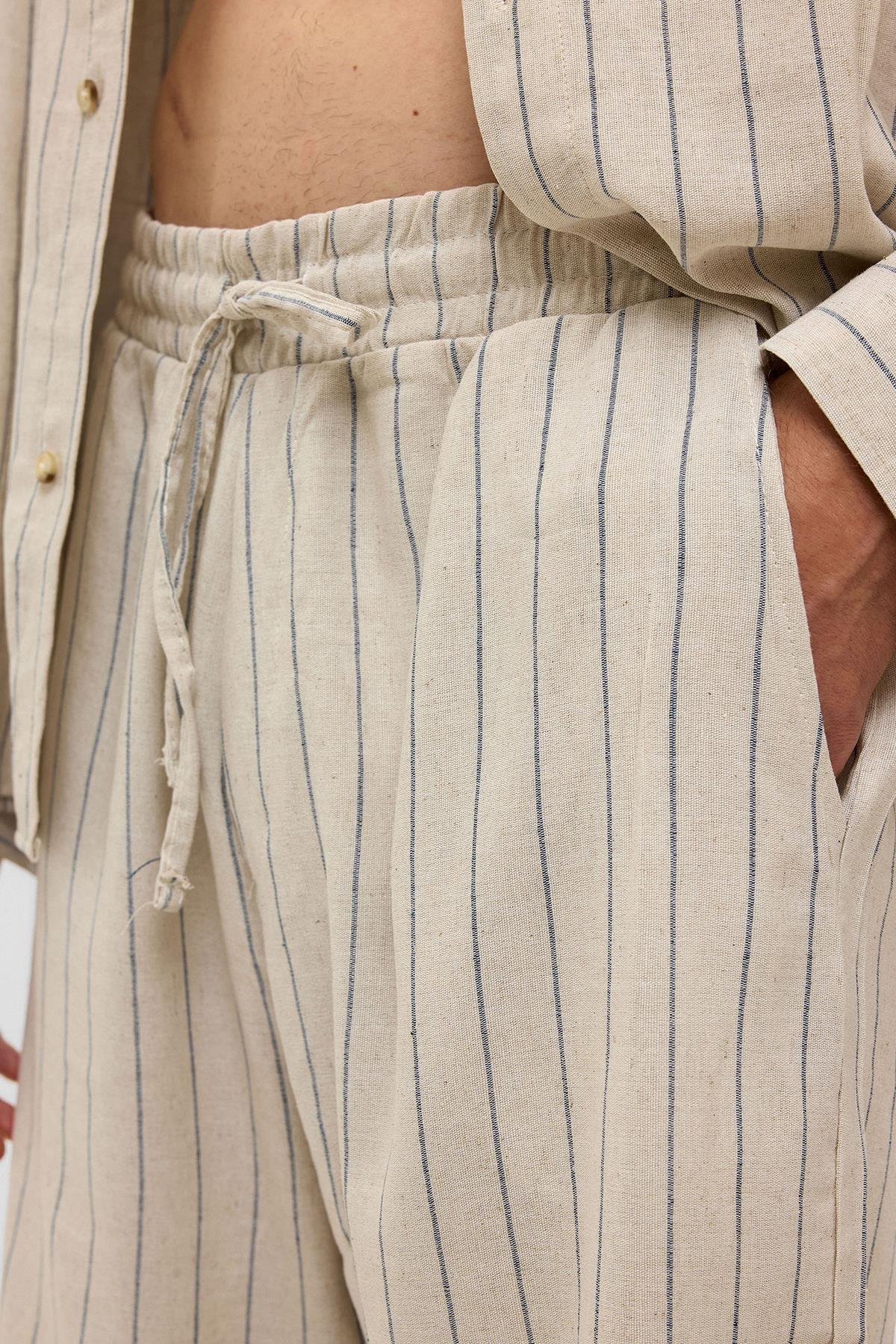 Oversize Çizgili Keten Şort İndigo