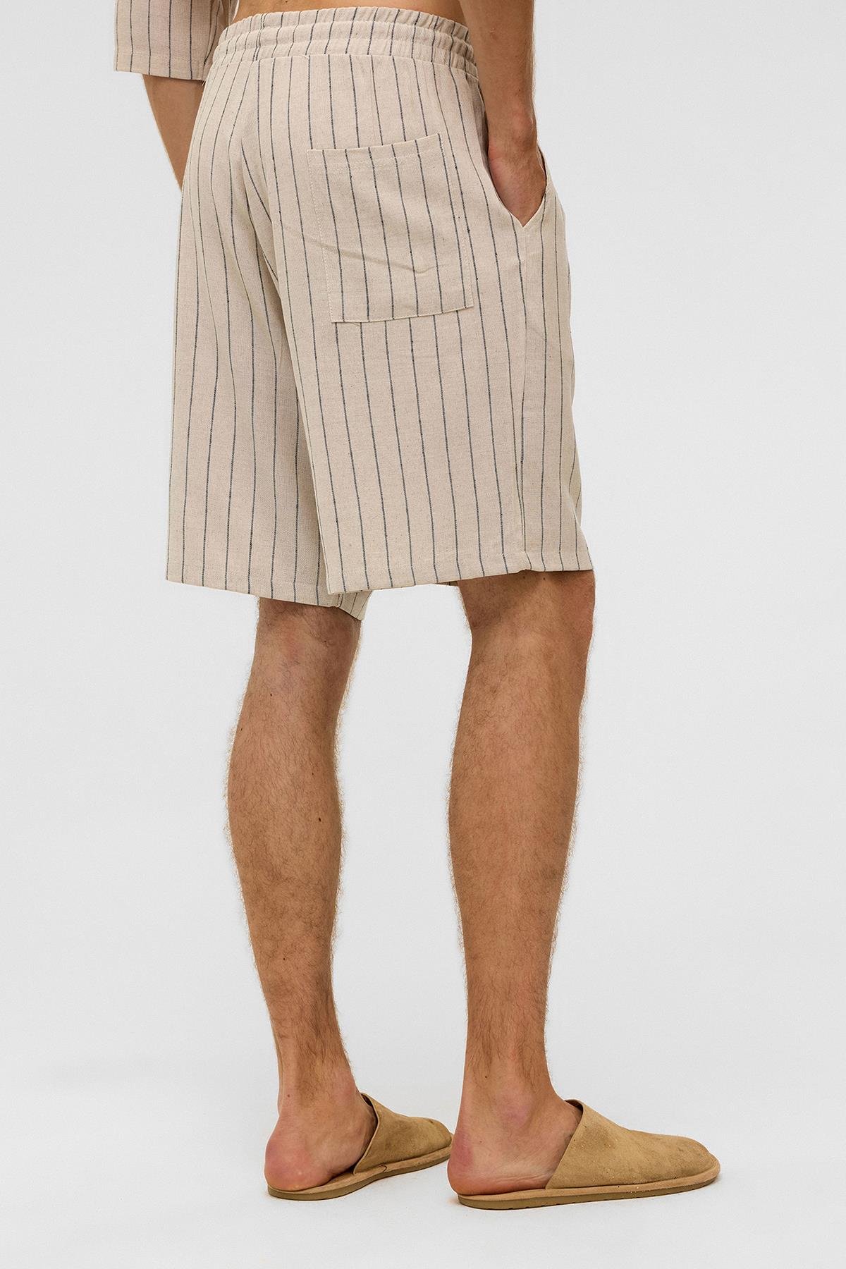 Oversize Çizgili Keten Şort Siyah