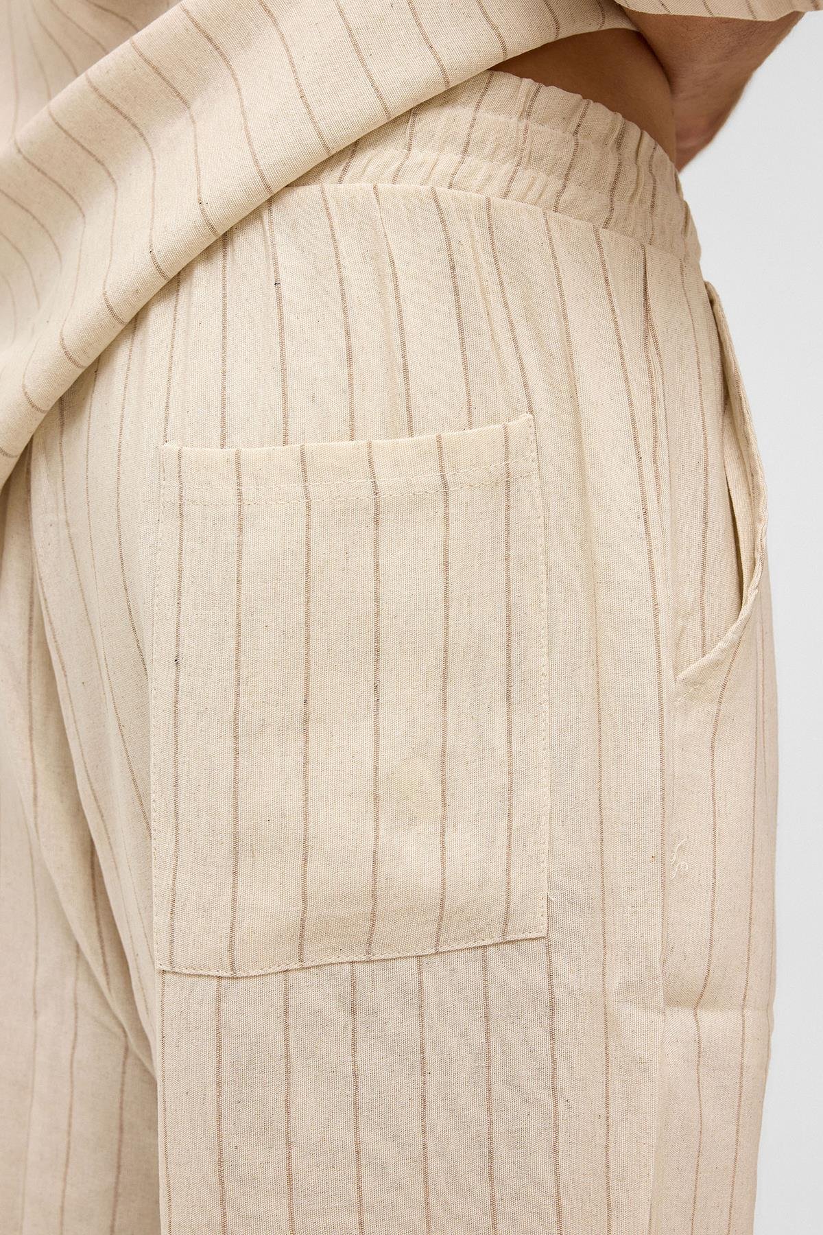 Oversize Çizgili Keten Şort Vizon