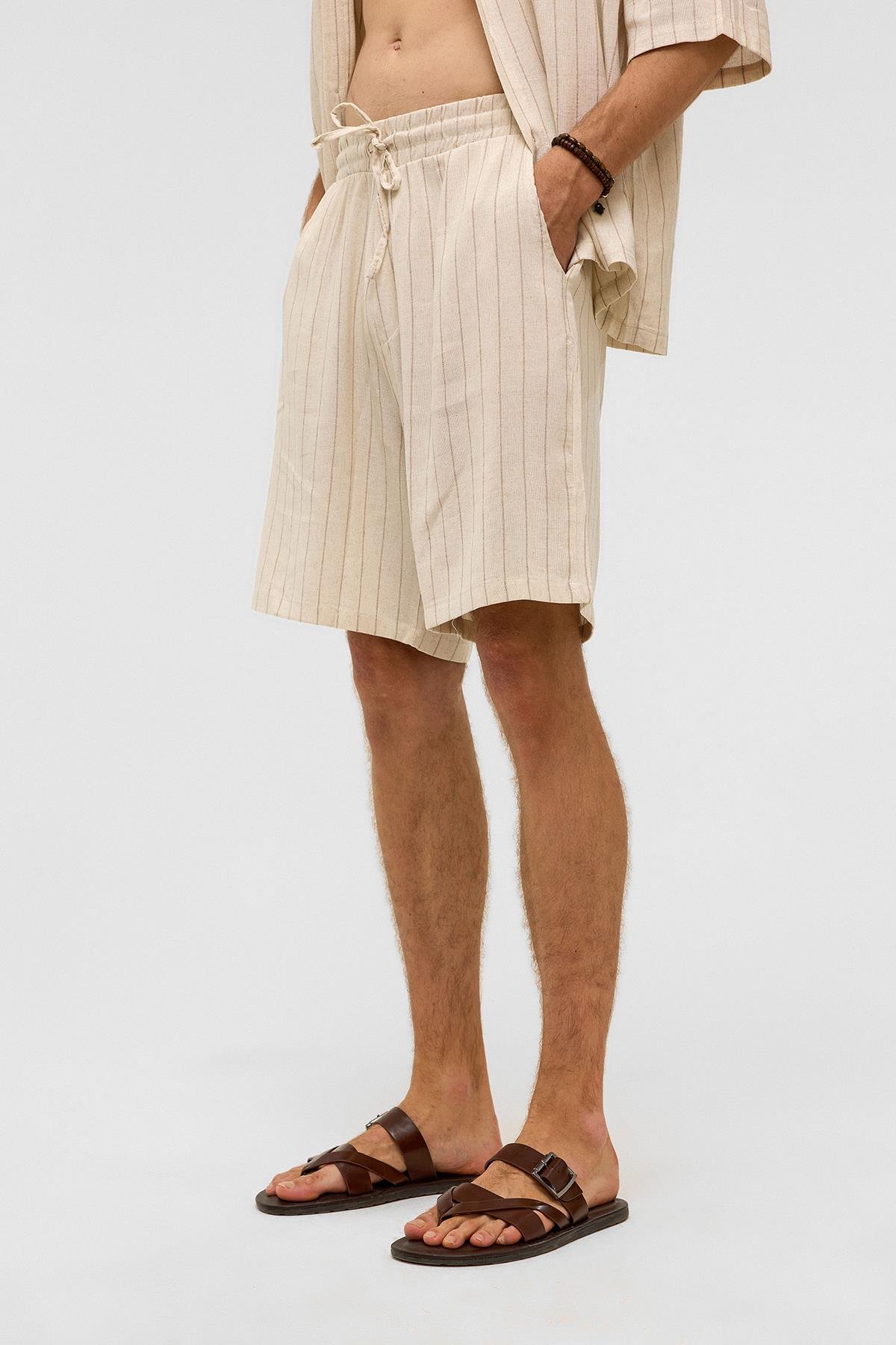 Oversize Çizgili Keten Şort Vizon