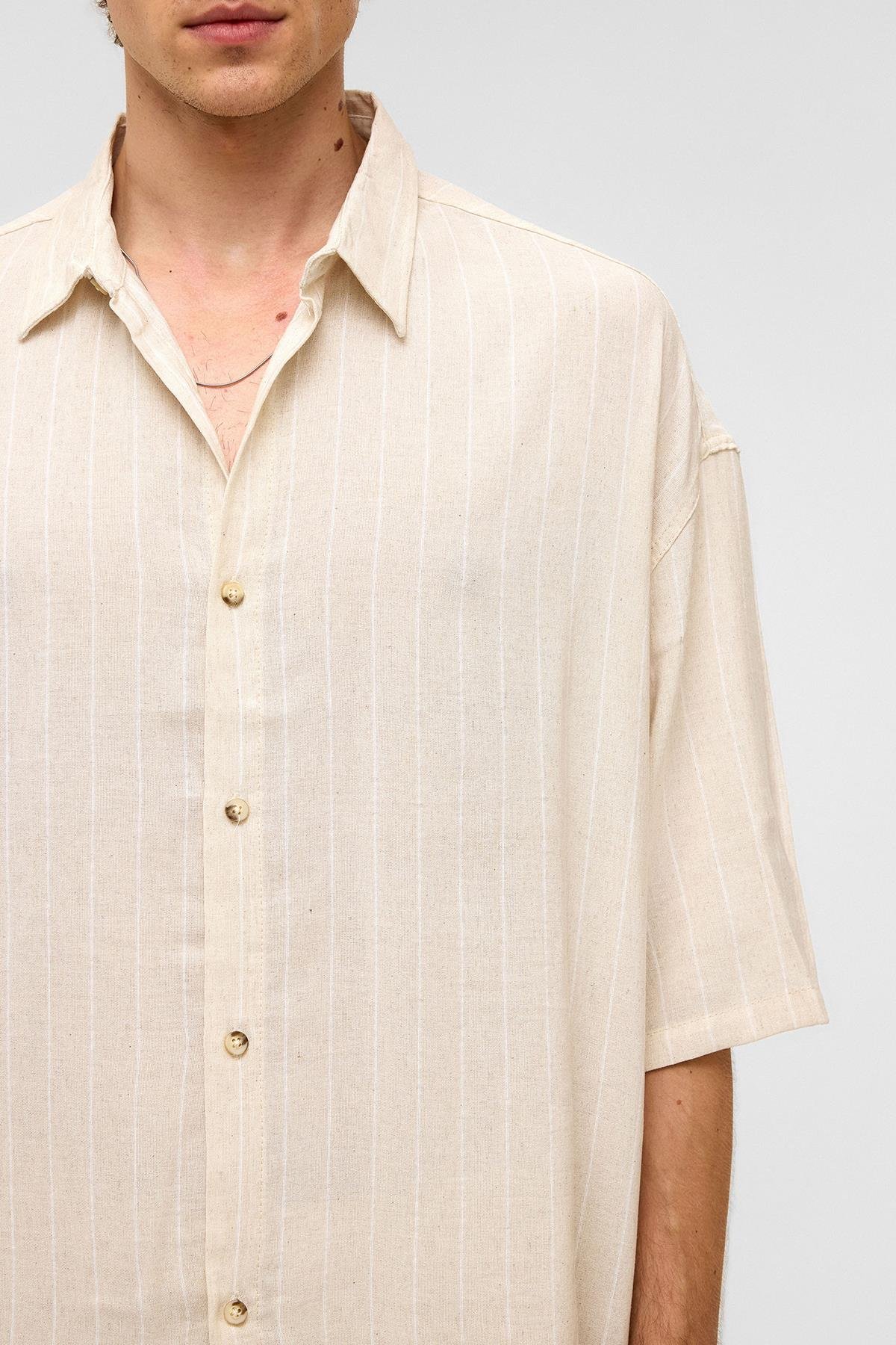 Oversize Çizgili Kısa Kollu Keten Gömlek Beyaz