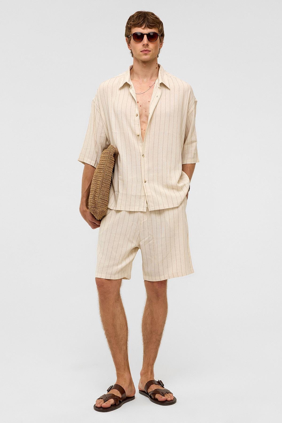 Oversize Çizgili Kısa Kollu Keten Gömlek Vizon