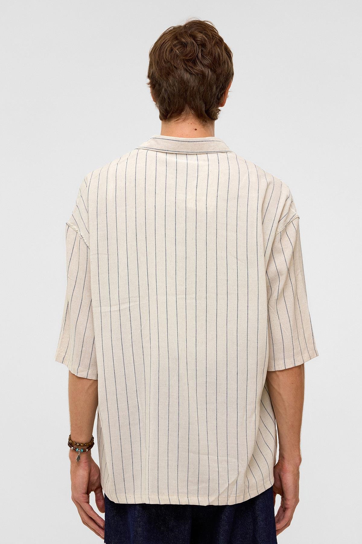 Oversize Çizgili Kısa Kollu Keten Gömlek İndigo