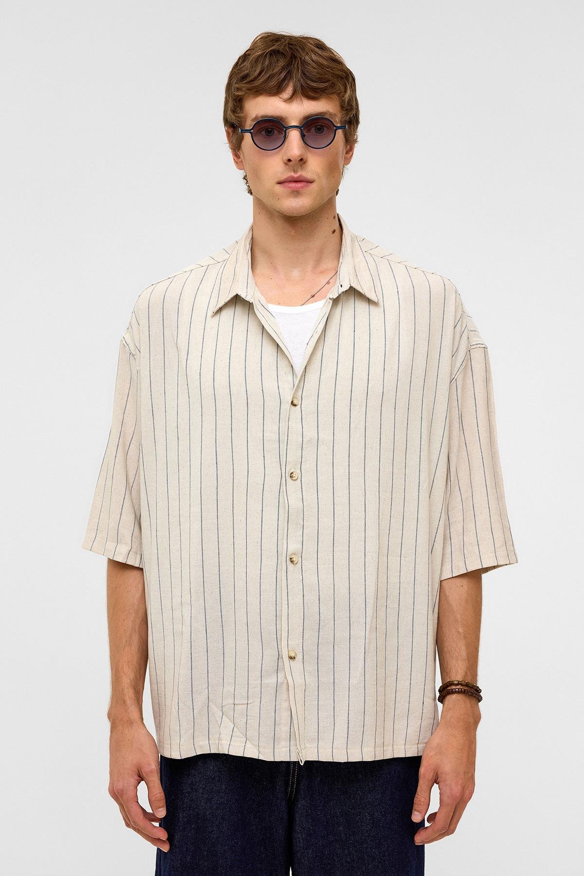 Oversize Çizgili Kısa Kollu Keten Gömlek İndigo