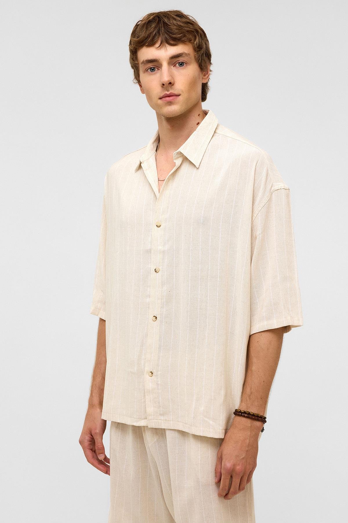 Oversize Çizgili Kısa Kollu Keten Gömlek Beyaz