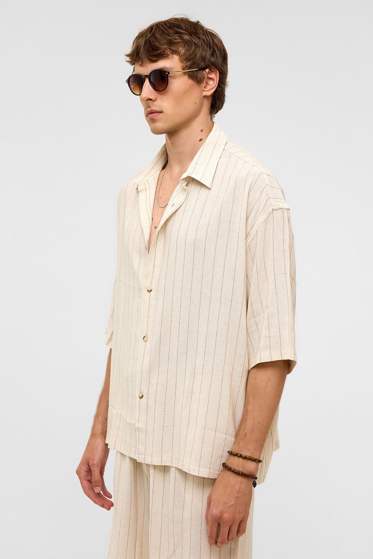 Oversize Çizgili Kısa Kollu Keten Gömlek Vizon